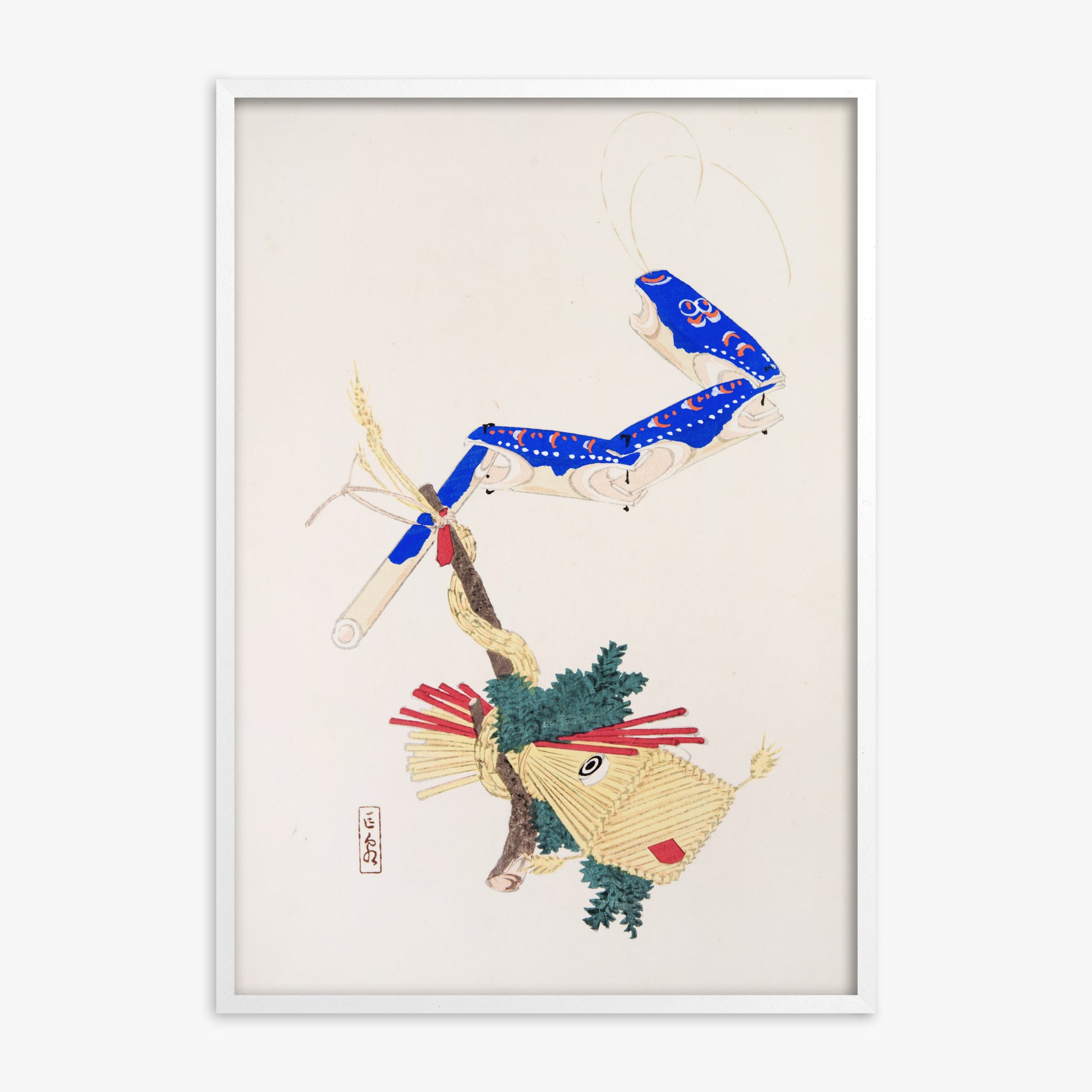 Kawasaki Kyosen: Kyosen’s Collected Illustrations of Japanese Toys Nr. 28 ("Floating Carp And Water Snake Toys"), White Framed Art Reproduction With White Frame
