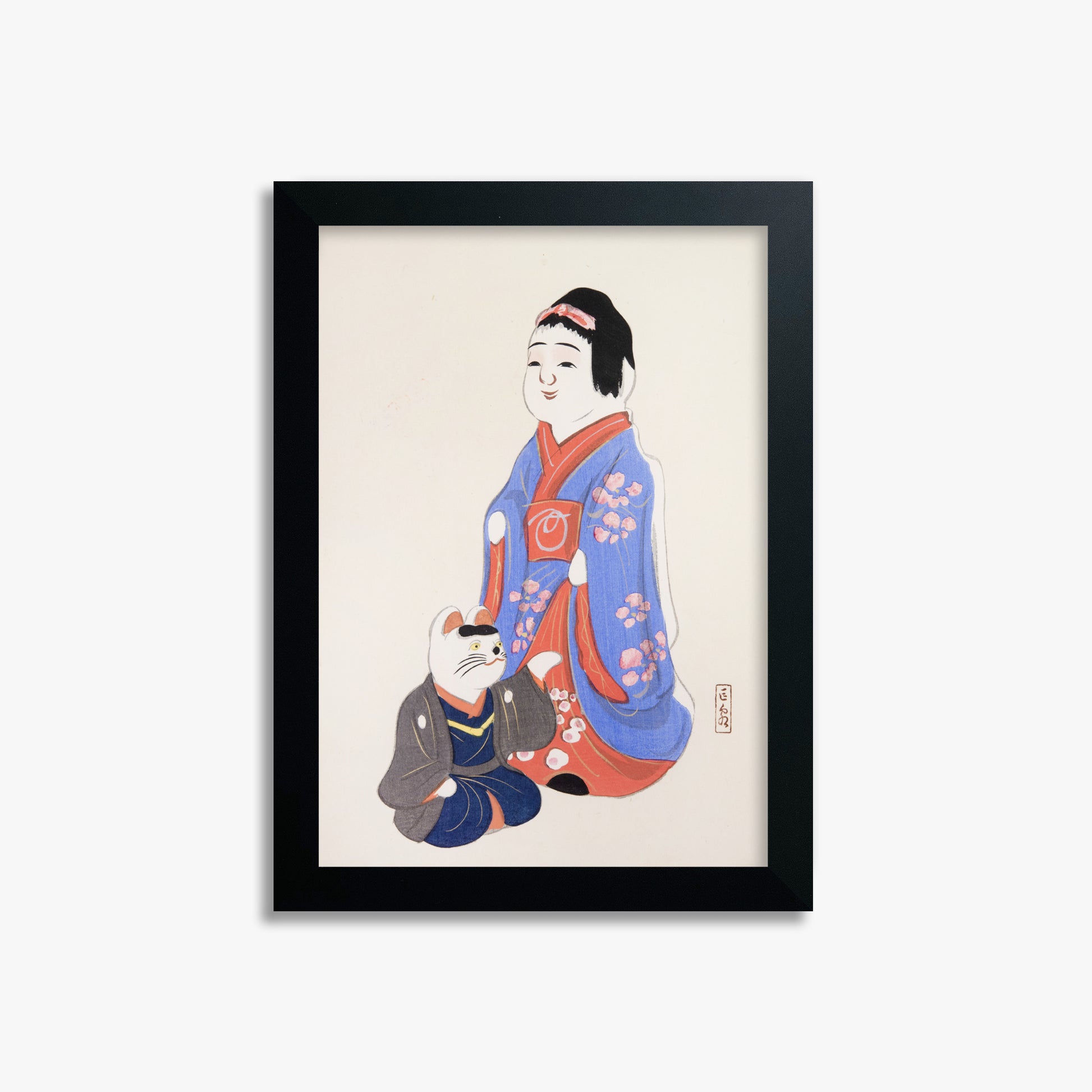 Kawasaki Kyosen: Kyosen’s Collected Illustrations of Japanese Toys Nr. 29 ("Serene Blossom Kimono"), 21x30cm Framed Art Reproduction With Black Frame