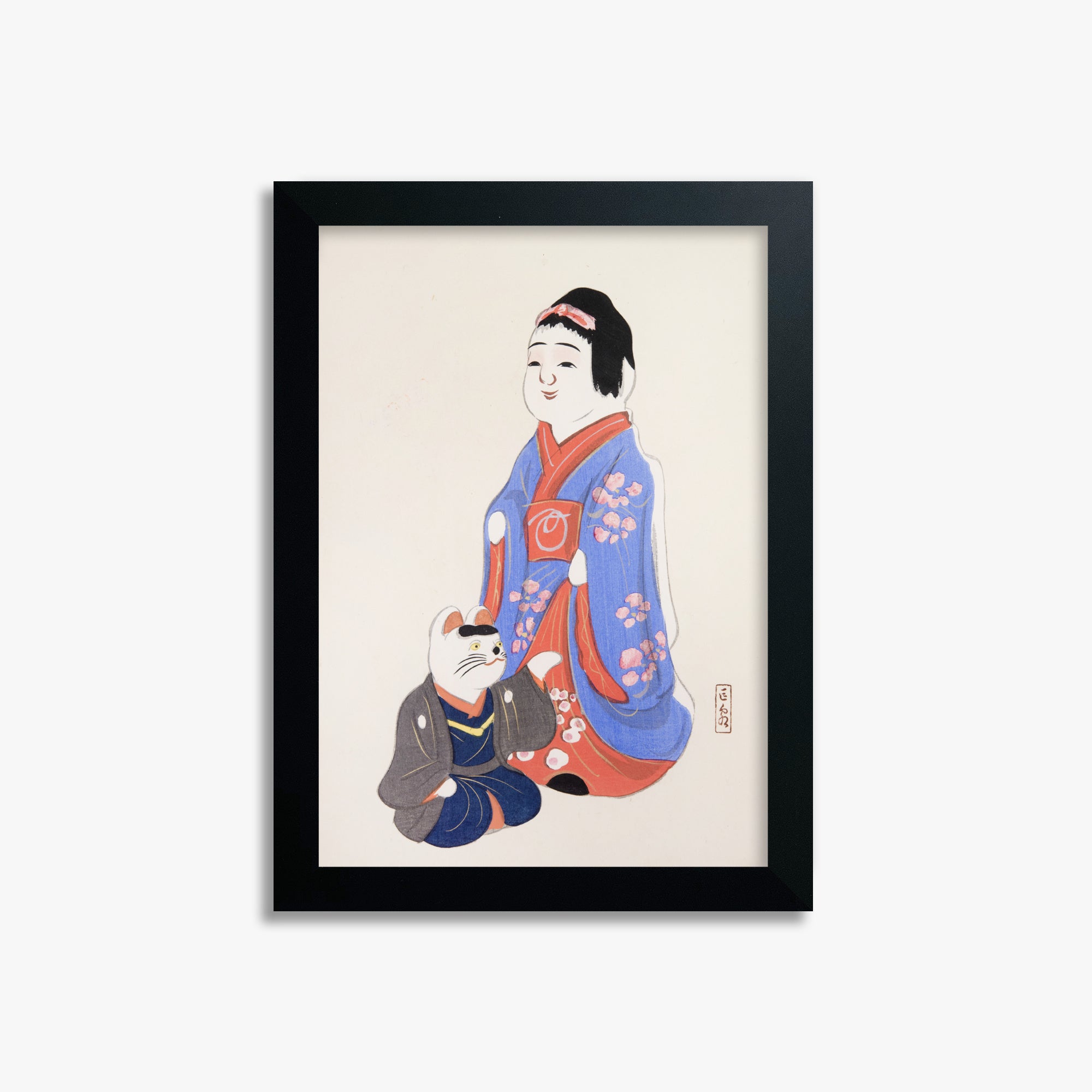 Kawasaki Kyosen: Kyosen’s Collected Illustrations of Japanese Toys Nr. 29 ("Serene Blossom Kimono"), 21x30cm Framed Art Reproduction With Black Frame