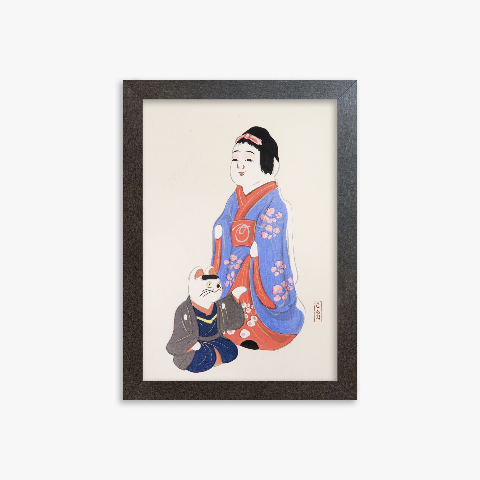 Kawasaki Kyosen: Kyosen’s Collected Illustrations of Japanese Toys Nr. 29 ("Serene Blossom Kimono"), 21x30cm Framed Art Reproduction With Espresso Frame