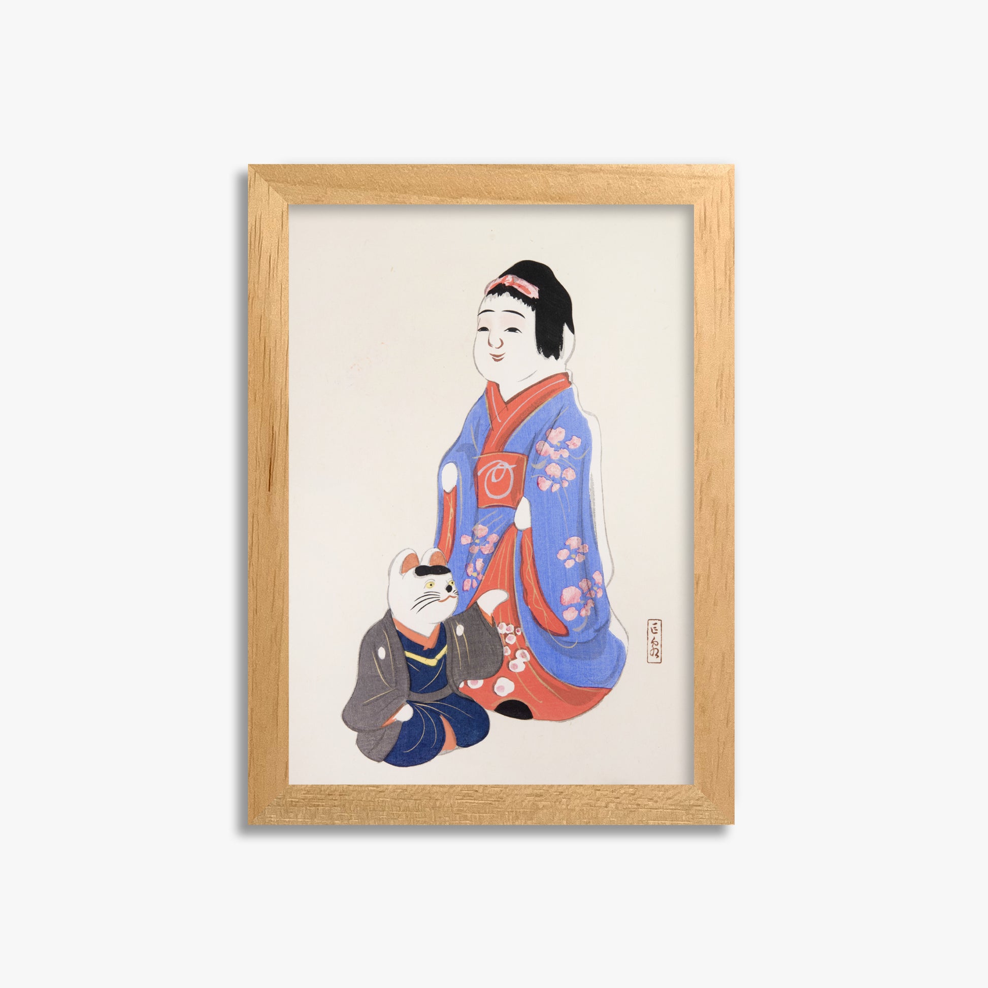Kawasaki Kyosen: Kyosen’s Collected Illustrations of Japanese Toys Nr. 29 ("Serene Blossom Kimono"), 21x30cm Framed Art Reproduction With Oak Frame