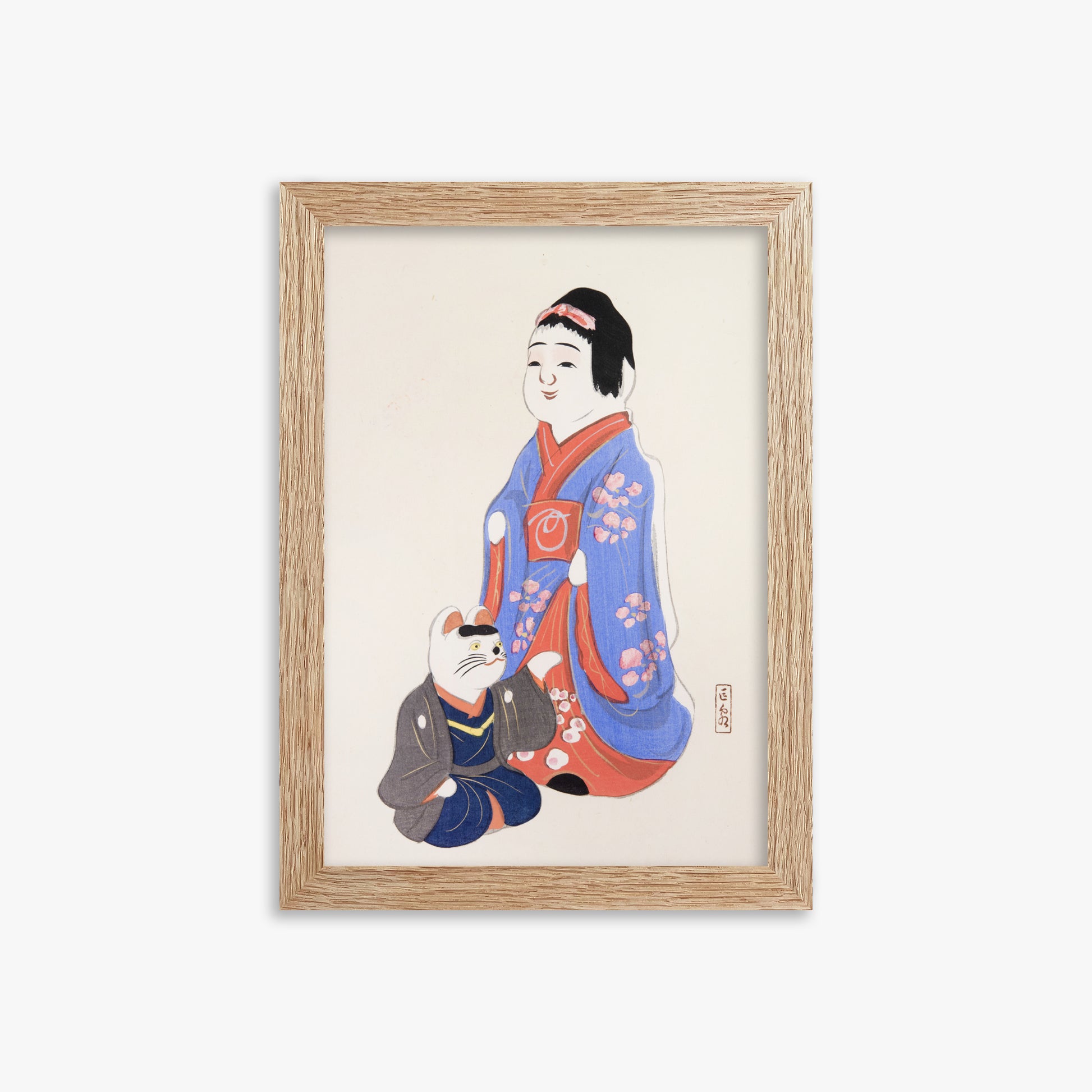 Kawasaki Kyosen: Kyosen’s Collected Illustrations of Japanese Toys Nr. 29 ("Serene Blossom Kimono"), 21x30cm Framed Art Reproduction With Raw Oak Frame