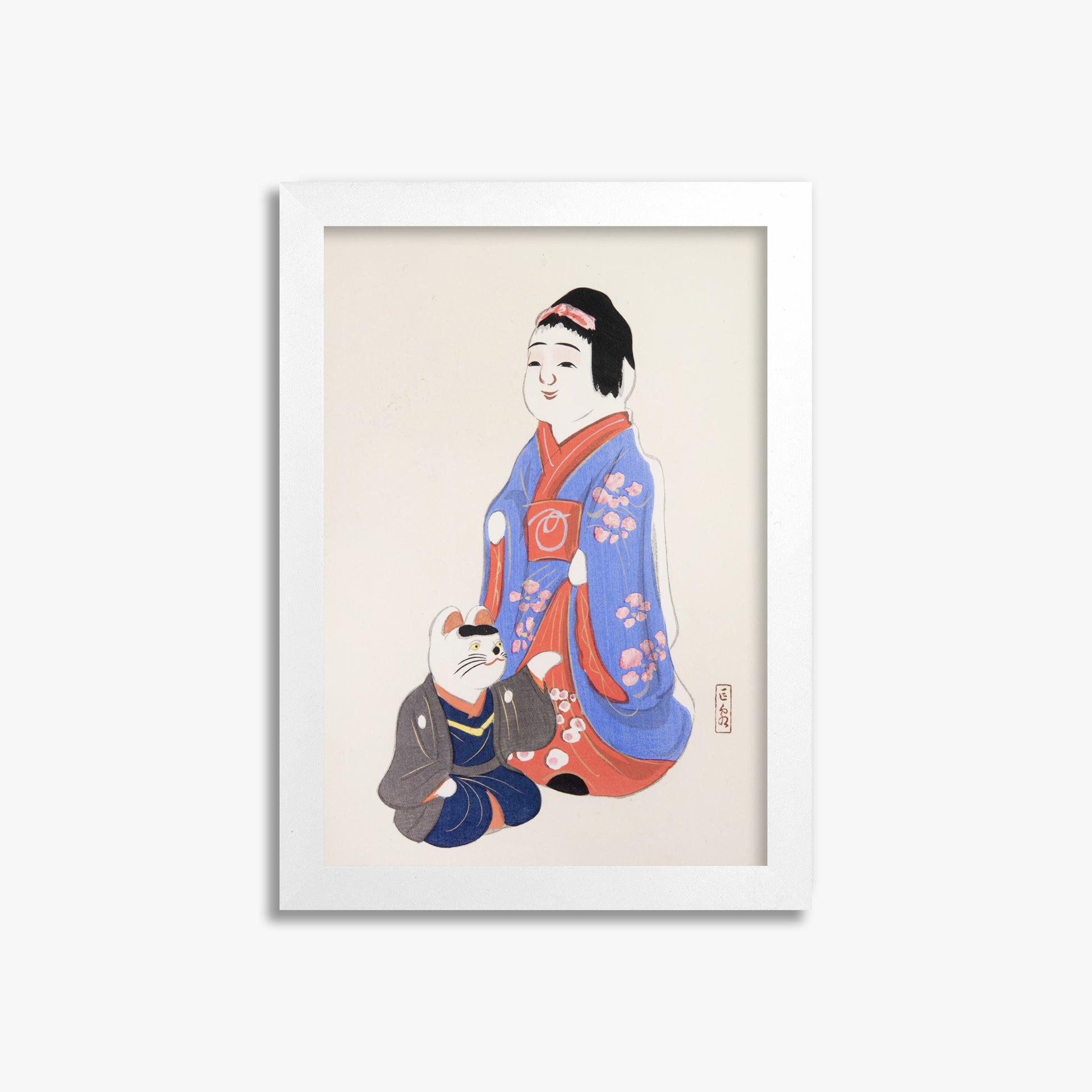Kawasaki Kyosen: Kyosen’s Collected Illustrations of Japanese Toys Nr. 29 ("Serene Blossom Kimono"), 21x30cm Framed Art Reproduction With White Frame