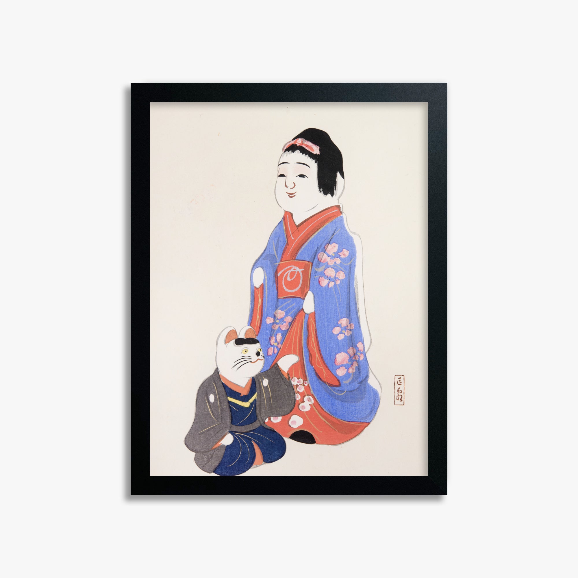 Kawasaki Kyosen: Kyosen’s Collected Illustrations of Japanese Toys Nr. 29 ("Serene Blossom Kimono"), 30x40cm Framed Art Reproduction With Black Frame