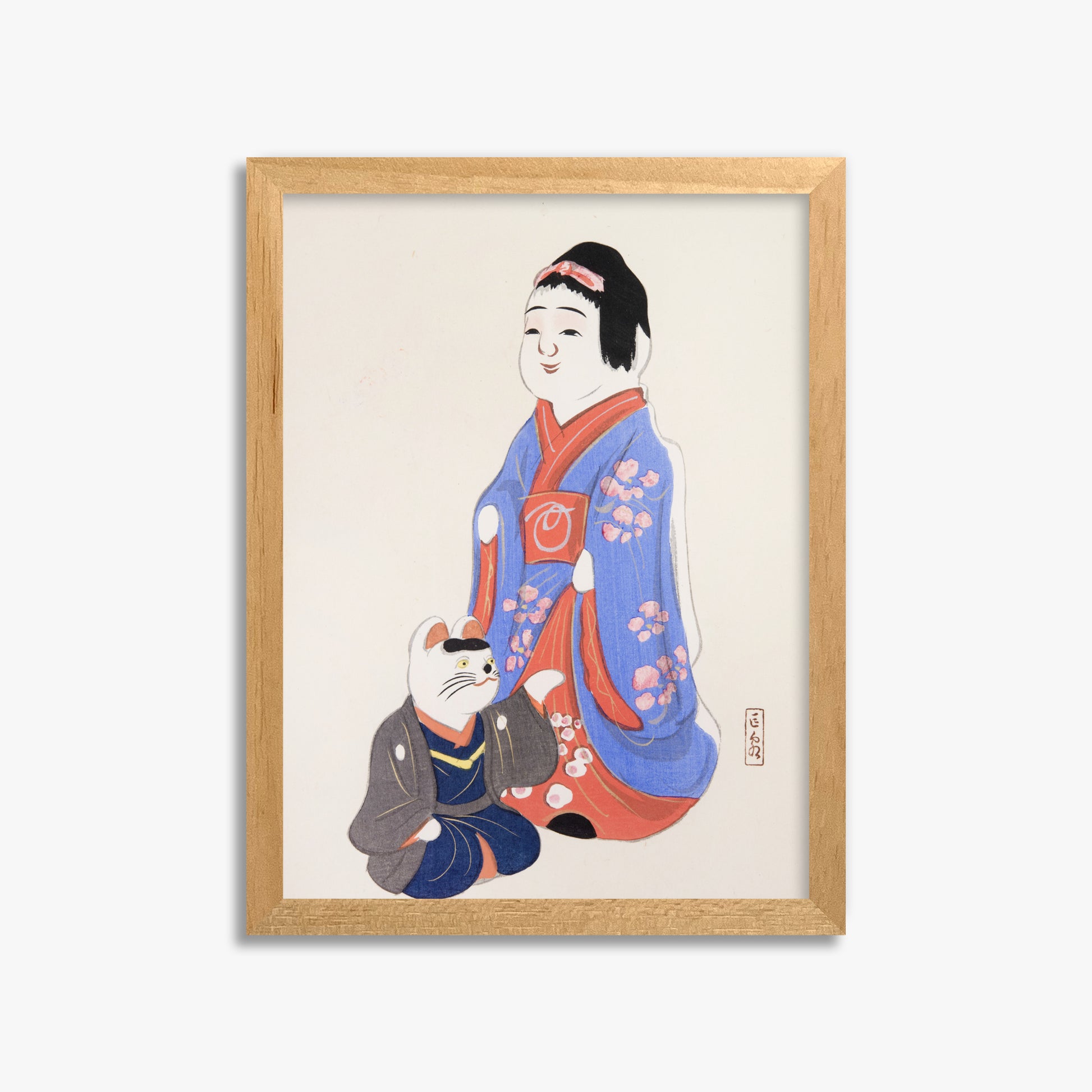 Kawasaki Kyosen: Kyosen’s Collected Illustrations of Japanese Toys Nr. 29 ("Serene Blossom Kimono"), 30x40cm Framed Art Reproduction With Oak Frame