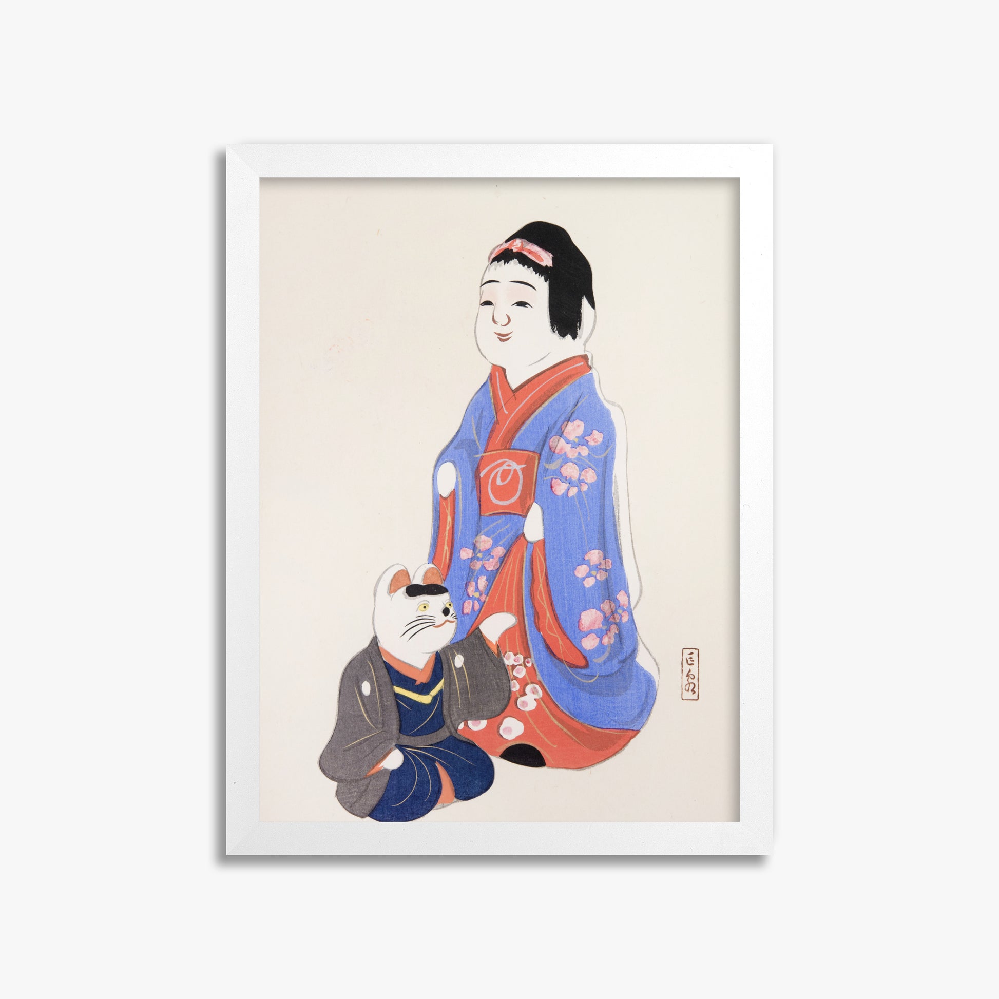 Kawasaki Kyosen: Kyosen’s Collected Illustrations of Japanese Toys Nr. 29 ("Serene Blossom Kimono"), 30x40cm Framed Art Reproduction With White Frame