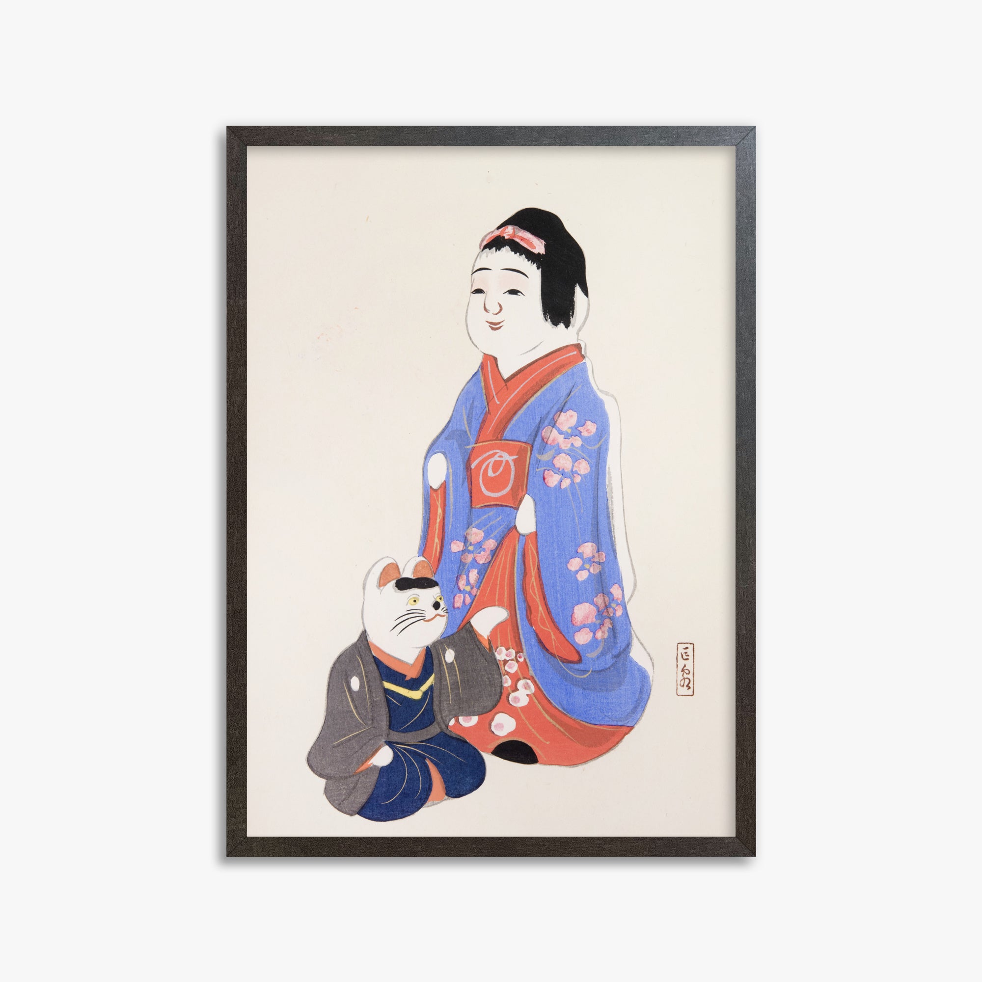 Kawasaki Kyosen: Kyosen’s Collected Illustrations of Japanese Toys Nr. 29 ("Serene Blossom Kimono"), 50x70cm Framed Art Reproduction With Espresso Frame