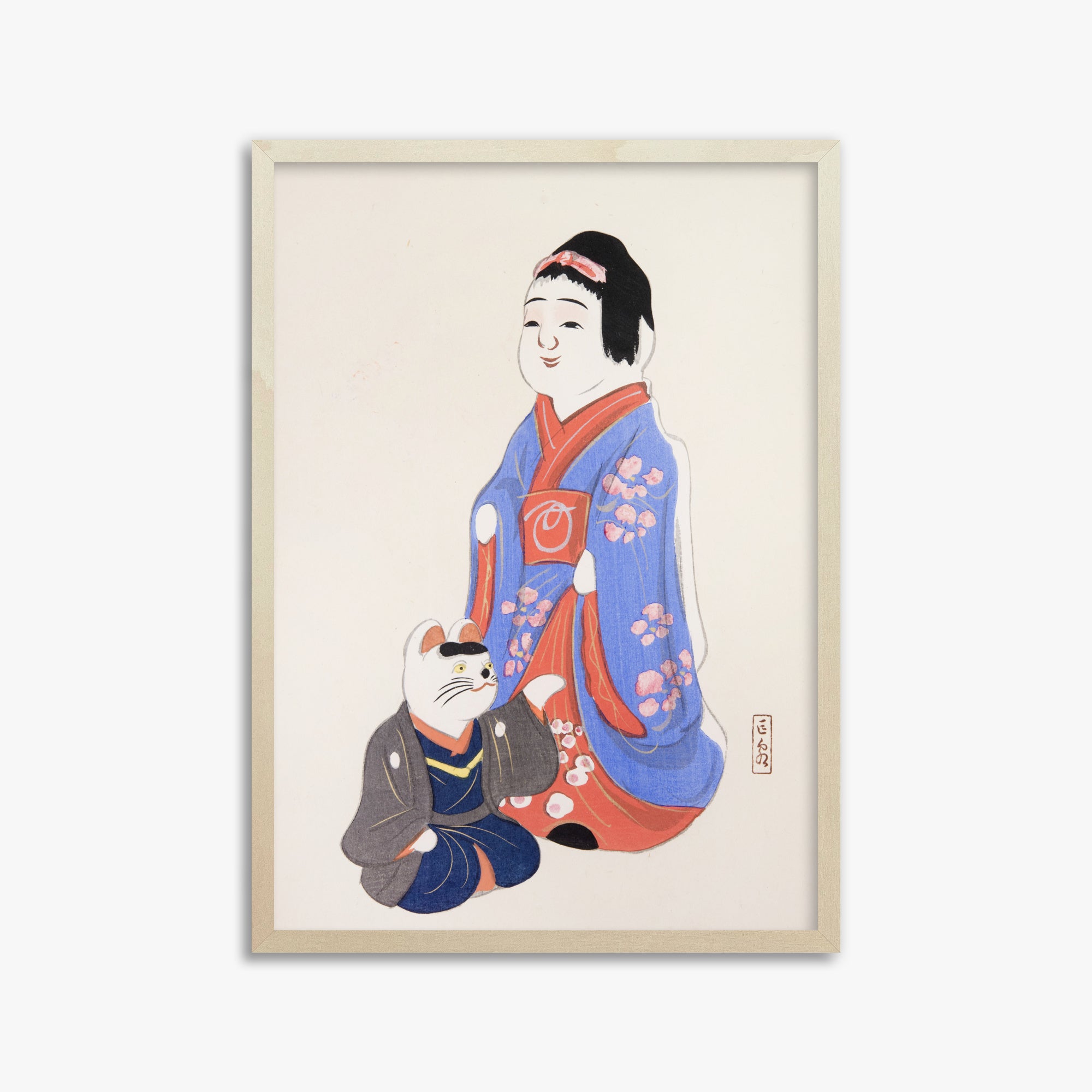 Kawasaki Kyosen: Kyosen’s Collected Illustrations of Japanese Toys Nr. 29 ("Serene Blossom Kimono"), 50x70cm Framed Art Reproduction With Lime Wood Frame