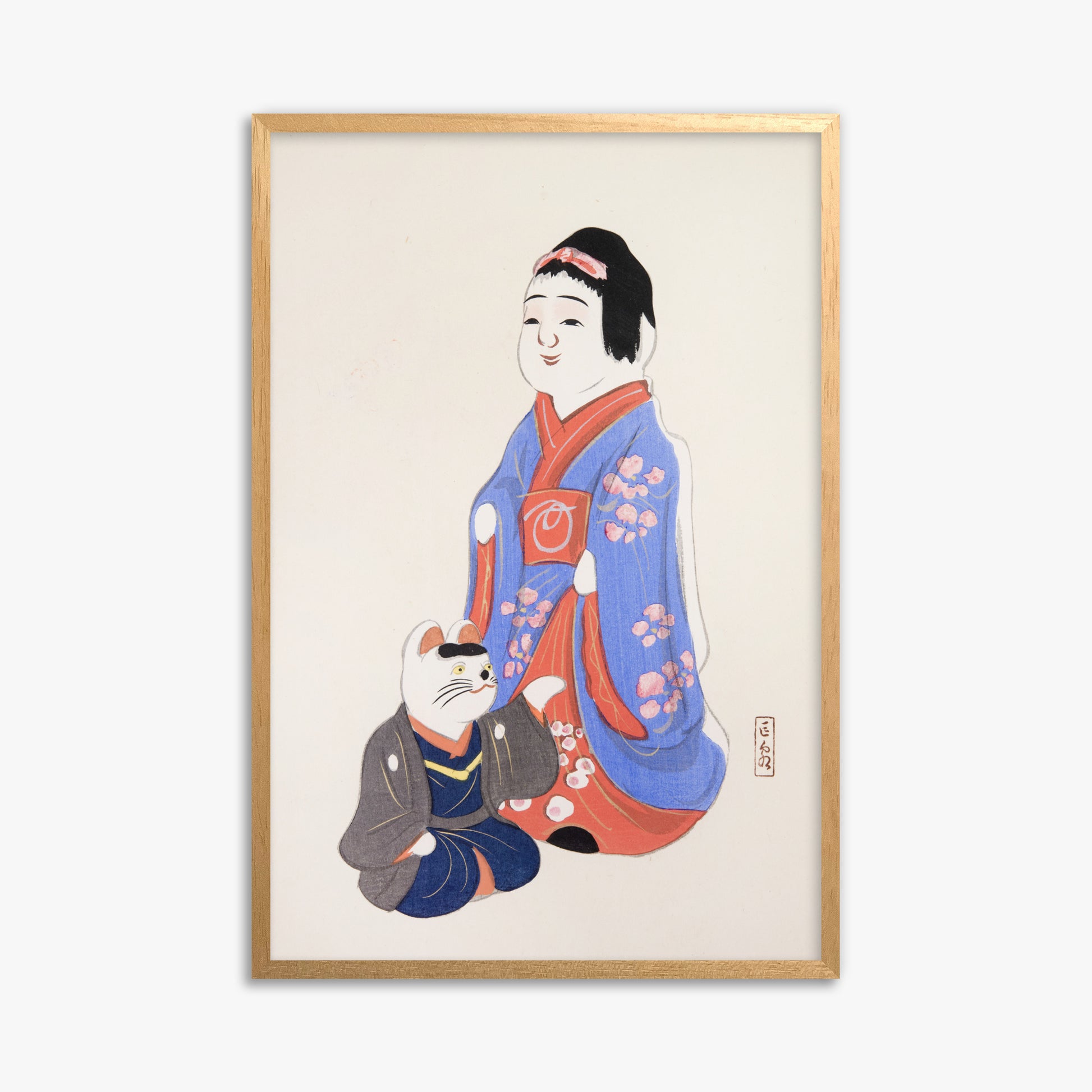 Kawasaki Kyosen: Kyosen’s Collected Illustrations of Japanese Toys Nr. 29 ("Serene Blossom Kimono"), 61x91cm Framed Art Reproduction With Oak Frame