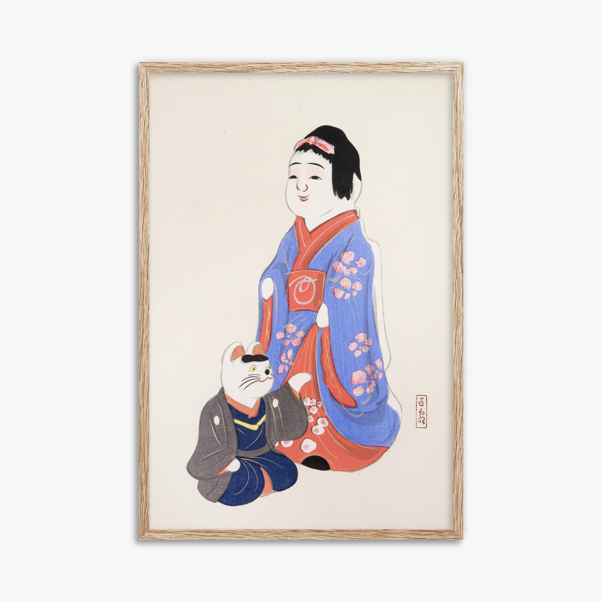Kawasaki Kyosen: Kyosen’s Collected Illustrations of Japanese Toys Nr. 29 ("Serene Blossom Kimono"), 61x91cm Framed Art Reproduction With Raw Oak Frame