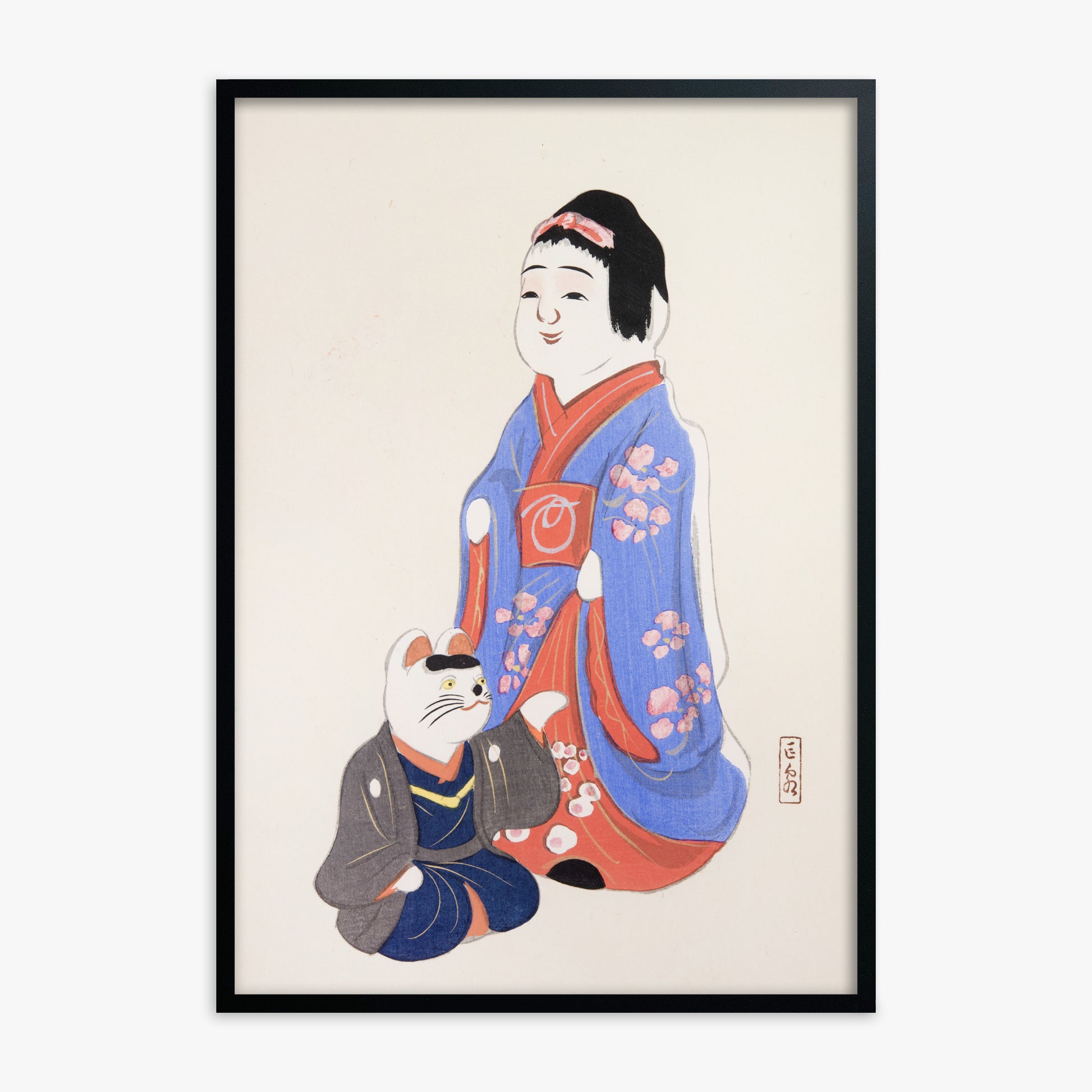 Kawasaki Kyosen: Kyosen’s Collected Illustrations of Japanese Toys Nr. 29 ("Serene Blossom Kimono"), Black Framed Art Reproduction With Black Frame