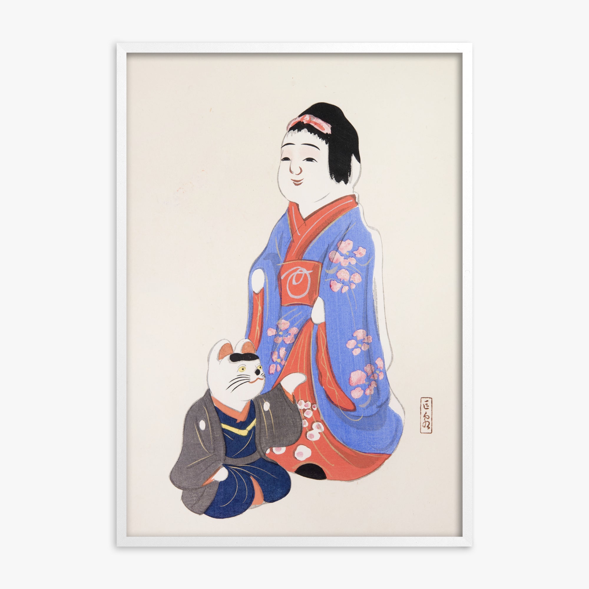 Kawasaki Kyosen: Kyosen’s Collected Illustrations of Japanese Toys Nr. 29 ("Serene Blossom Kimono"), White Framed Art Reproduction With White Frame