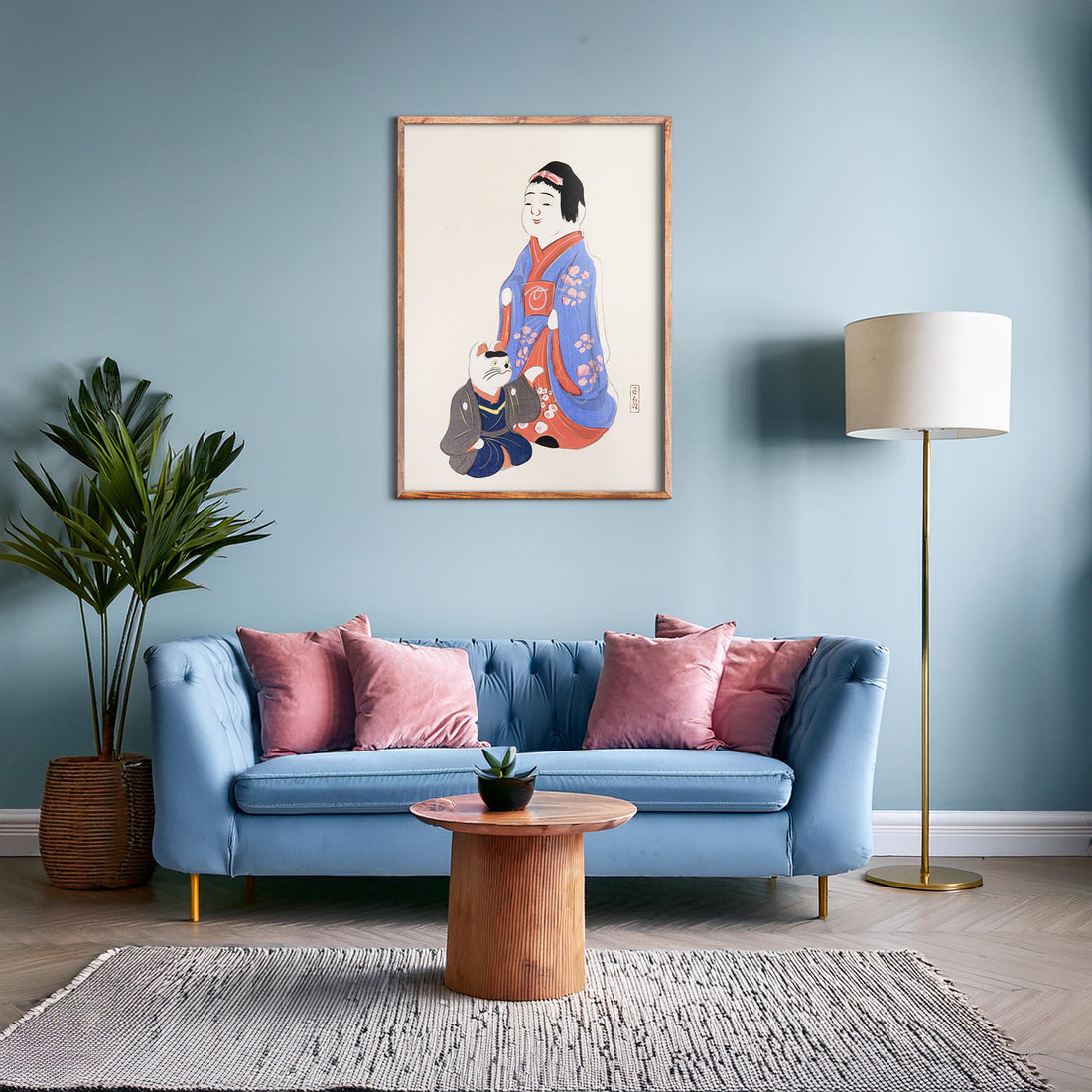 Kawasaki Kyosen: Kyosen’s Collected Illustrations of Japanese Toys Nr. 29 ("Serene Blossom Kimono"), 50x70cm Framed Art Reproduction With Black Frame