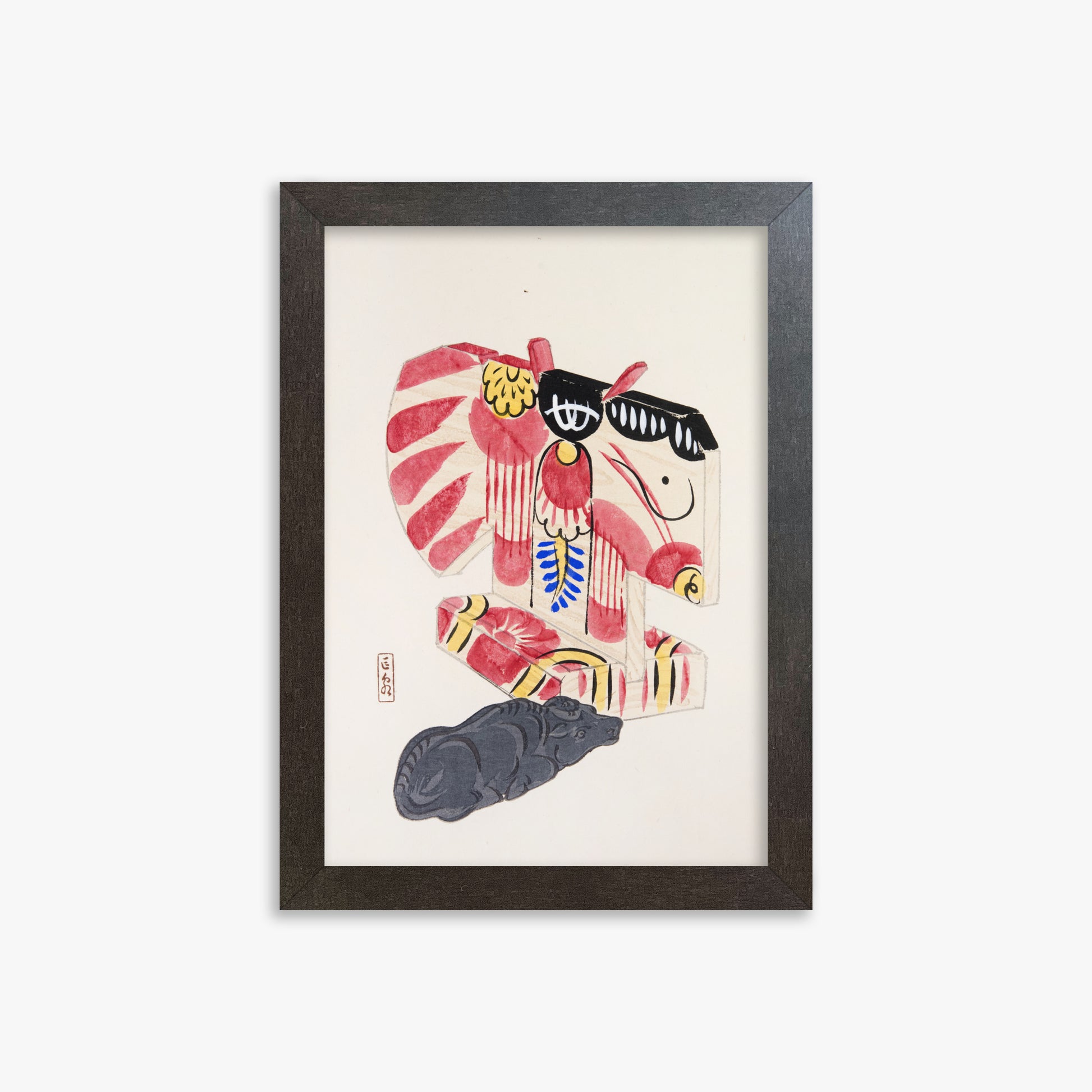 Kawasaki Kyosen: Kyosen’s Collected Illustrations of Japanese Toys Nr. 30 ("Crimson Horse & Calf"), 21x30cm Framed Art Reproduction With Espresso Frame
