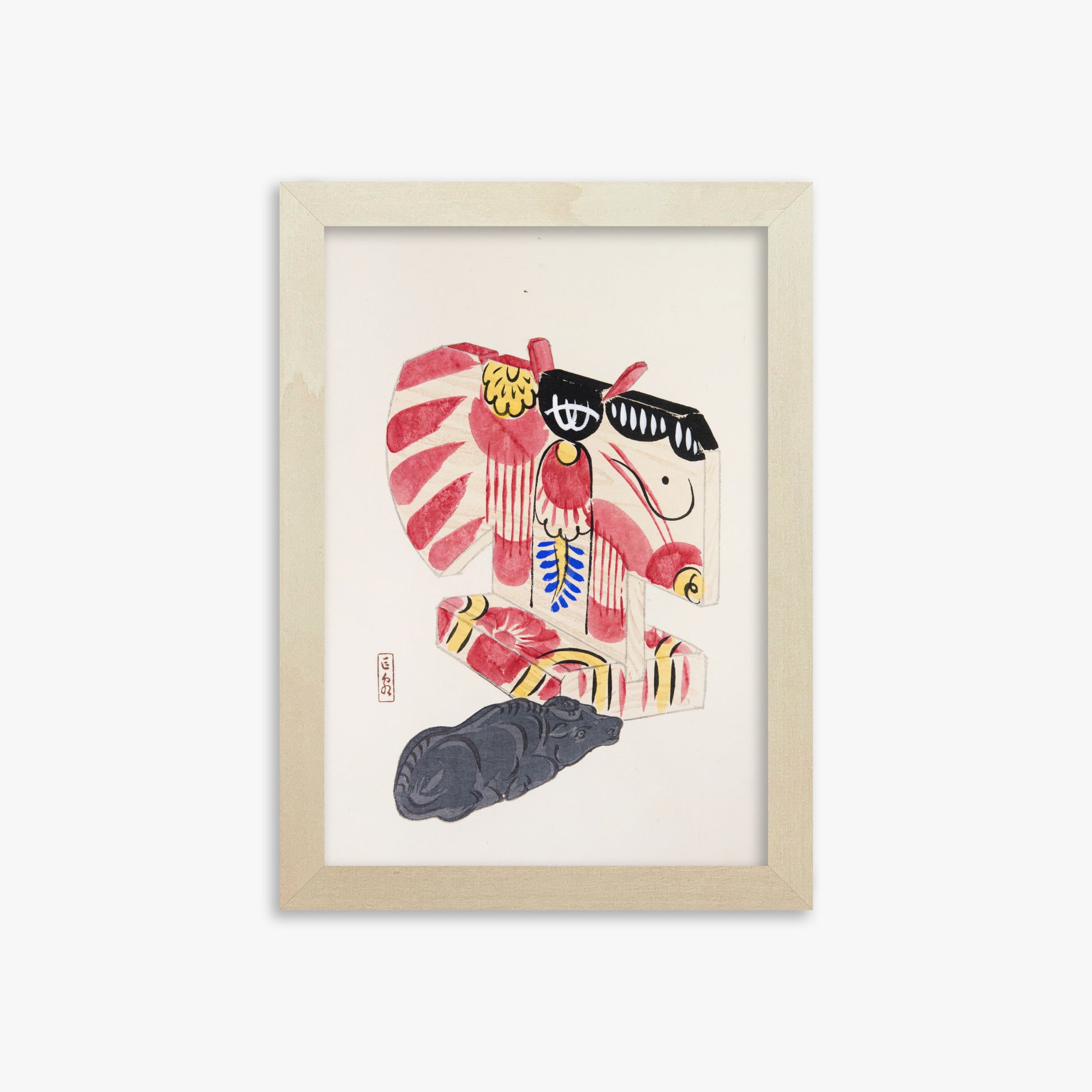 Kawasaki Kyosen: Kyosen’s Collected Illustrations of Japanese Toys Nr. 30 ("Crimson Horse & Calf"), 21x30cm Framed Art Reproduction With Lime Wood Frame