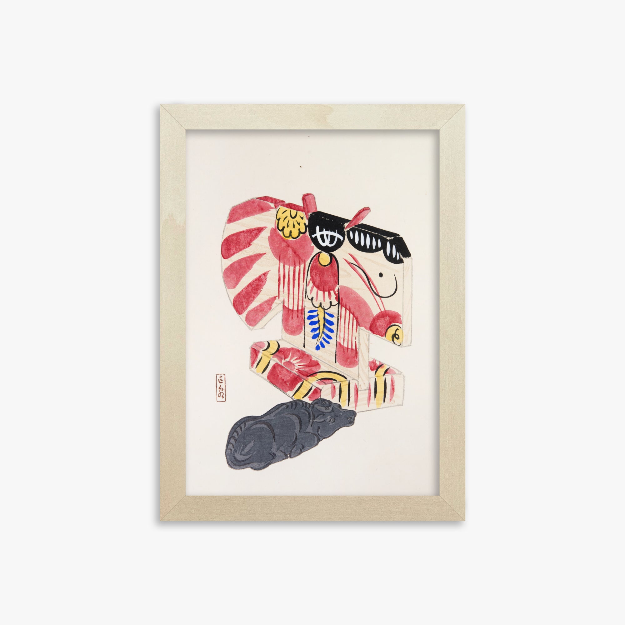 Kawasaki Kyosen: Kyosen’s Collected Illustrations of Japanese Toys Nr. 30 ("Crimson Horse & Calf"), 21x30cm Framed Art Reproduction With Lime Wood Frame