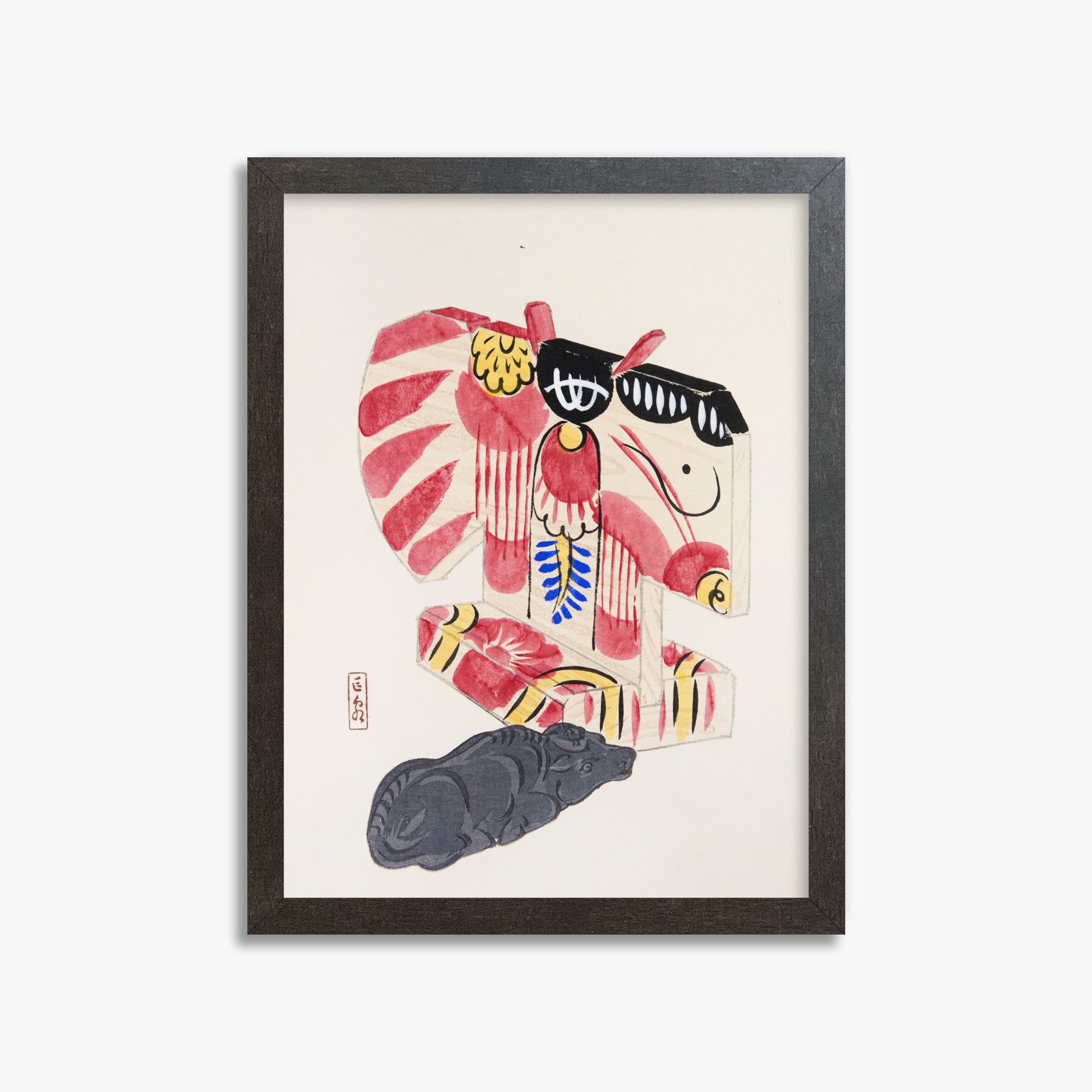 Kawasaki Kyosen: Kyosen’s Collected Illustrations of Japanese Toys Nr. 30 ("Crimson Horse & Calf"), 30x40cm Framed Art Reproduction With Espresso Frame