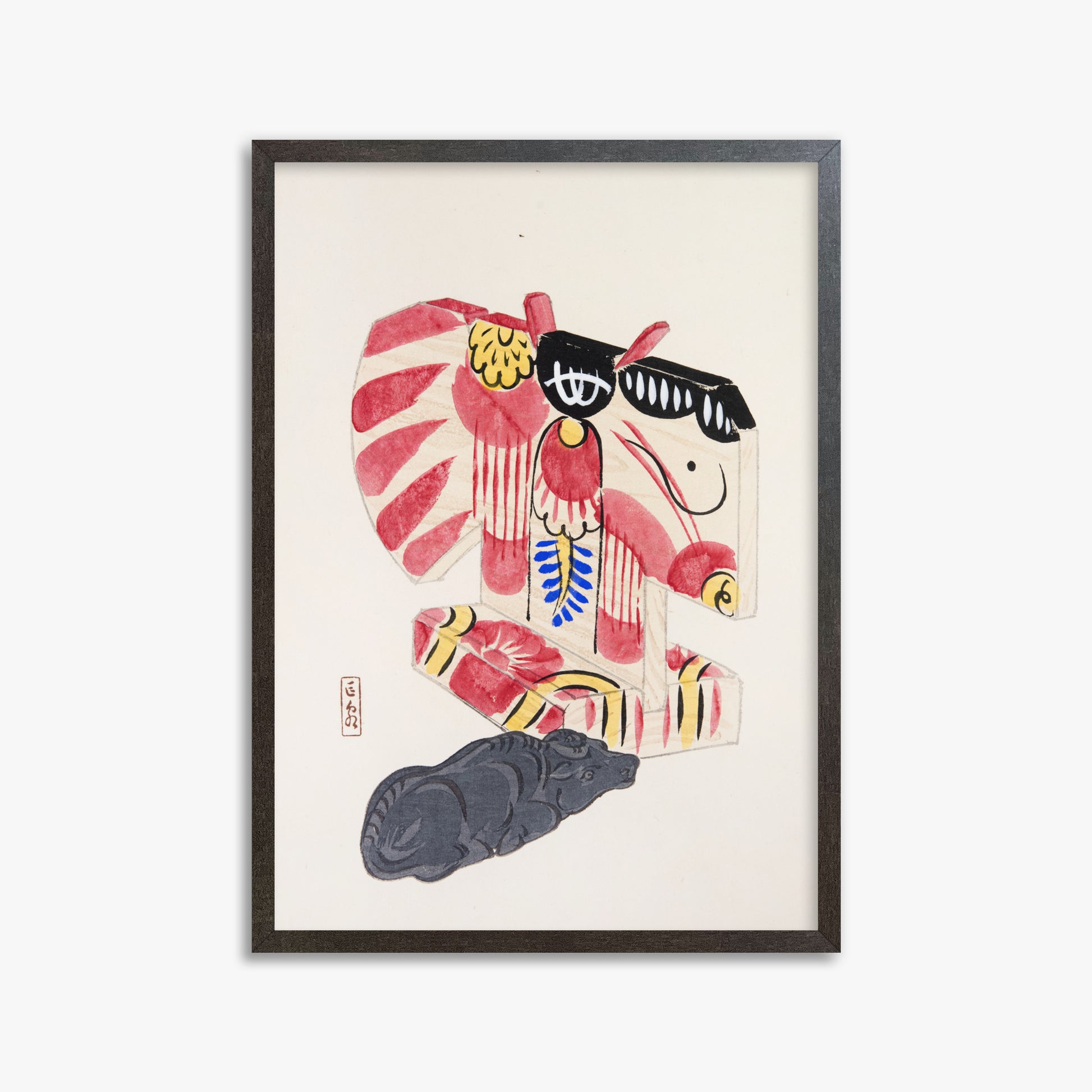 Kawasaki Kyosen: Kyosen’s Collected Illustrations of Japanese Toys Nr. 30 ("Crimson Horse & Calf"), 50x70cm Framed Art Reproduction With Espresso Frame