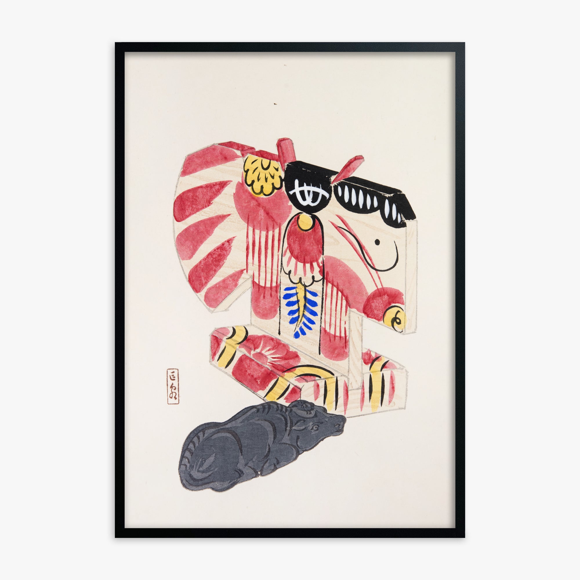 Kawasaki Kyosen: Kyosen’s Collected Illustrations of Japanese Toys Nr. 30 ("Crimson Horse & Calf"), Black Framed Art Reproduction With Black Frame