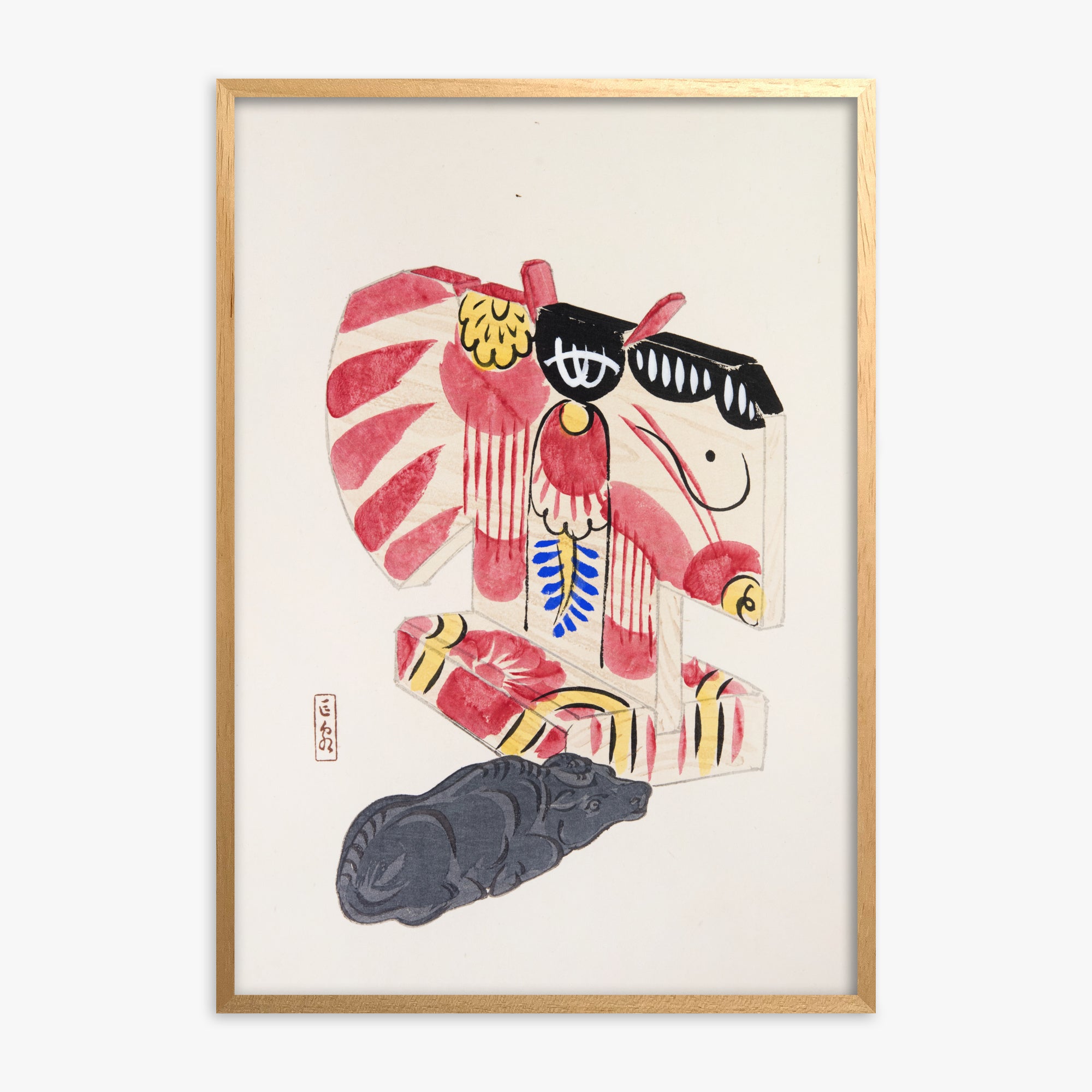 Kawasaki Kyosen: Kyosen’s Collected Illustrations of Japanese Toys Nr. 30 ("Crimson Horse & Calf"), Oak Framed Art Reproduction With Oak Frame