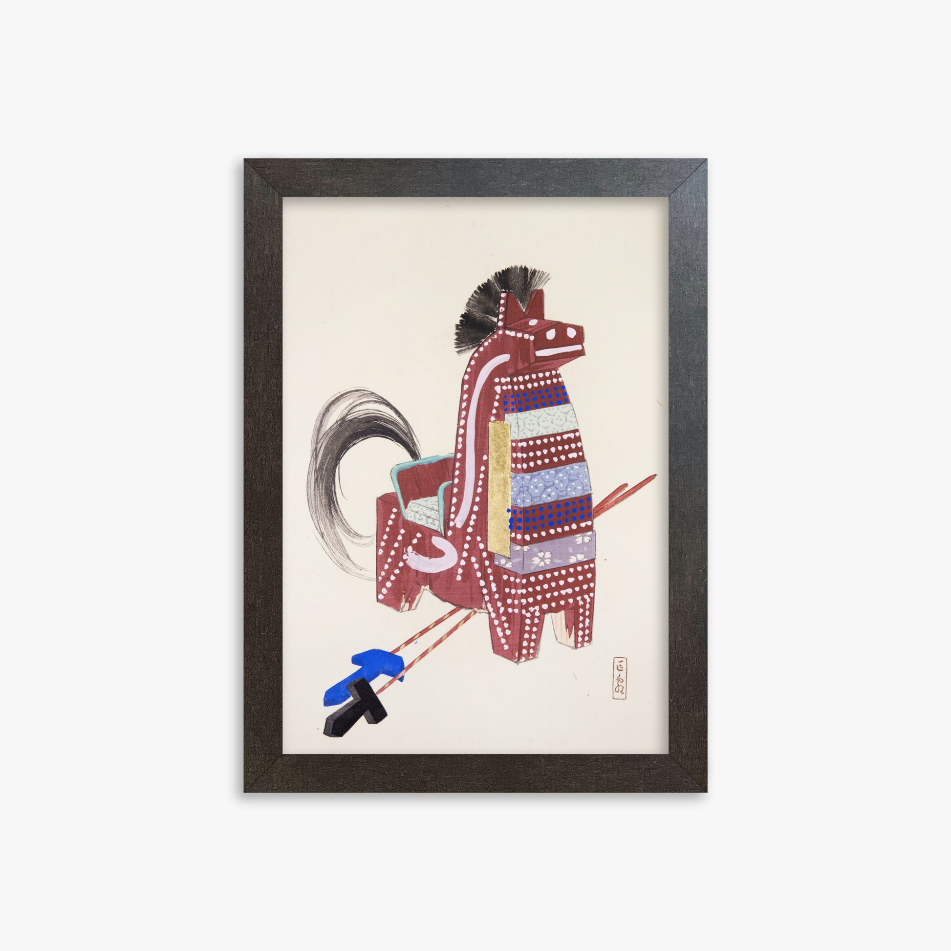 Kawasaki Kyosen: Kyosen’s Collected Illustrations of Japanese Toys Nr. 31 ("Ancestral Horse Spirit"), 21x30cm Framed Art Reproduction With Espresso Frame