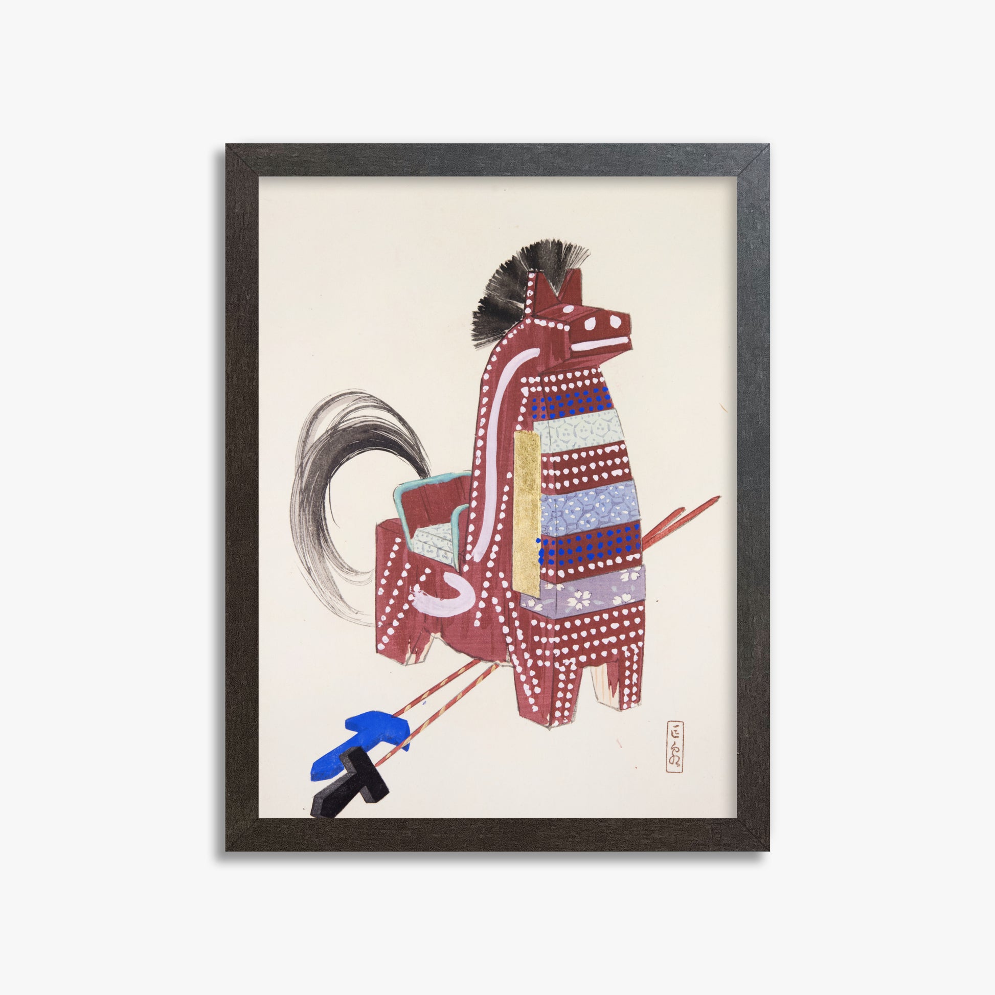 Kawasaki Kyosen: Kyosen’s Collected Illustrations of Japanese Toys Nr. 31 ("Ancestral Horse Spirit"), 30x40cm Framed Art Reproduction With Espresso Frame