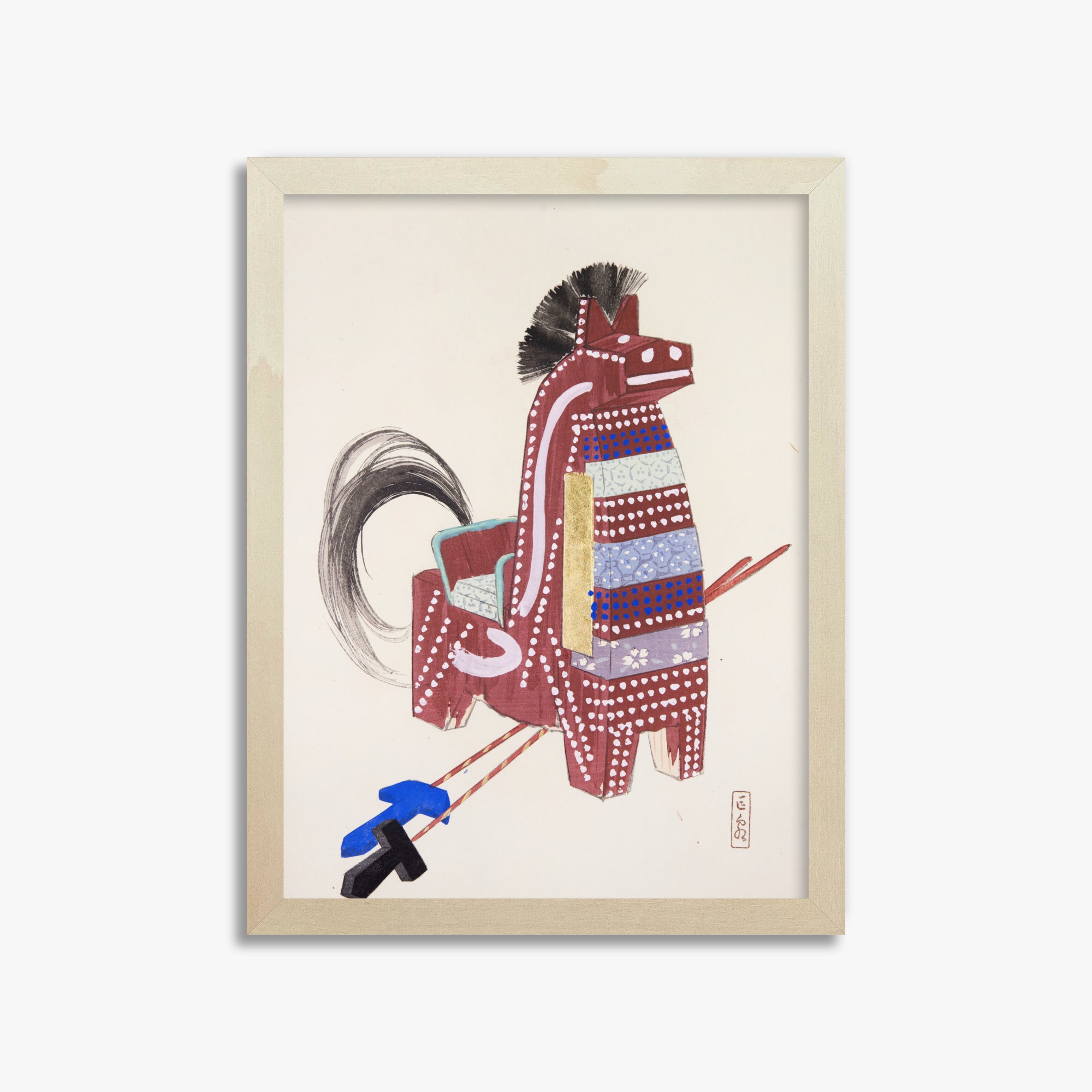 Kawasaki Kyosen: Kyosen’s Collected Illustrations of Japanese Toys Nr. 31 ("Ancestral Horse Spirit"), 30x40cm Framed Art Reproduction With Lime Wood Frame