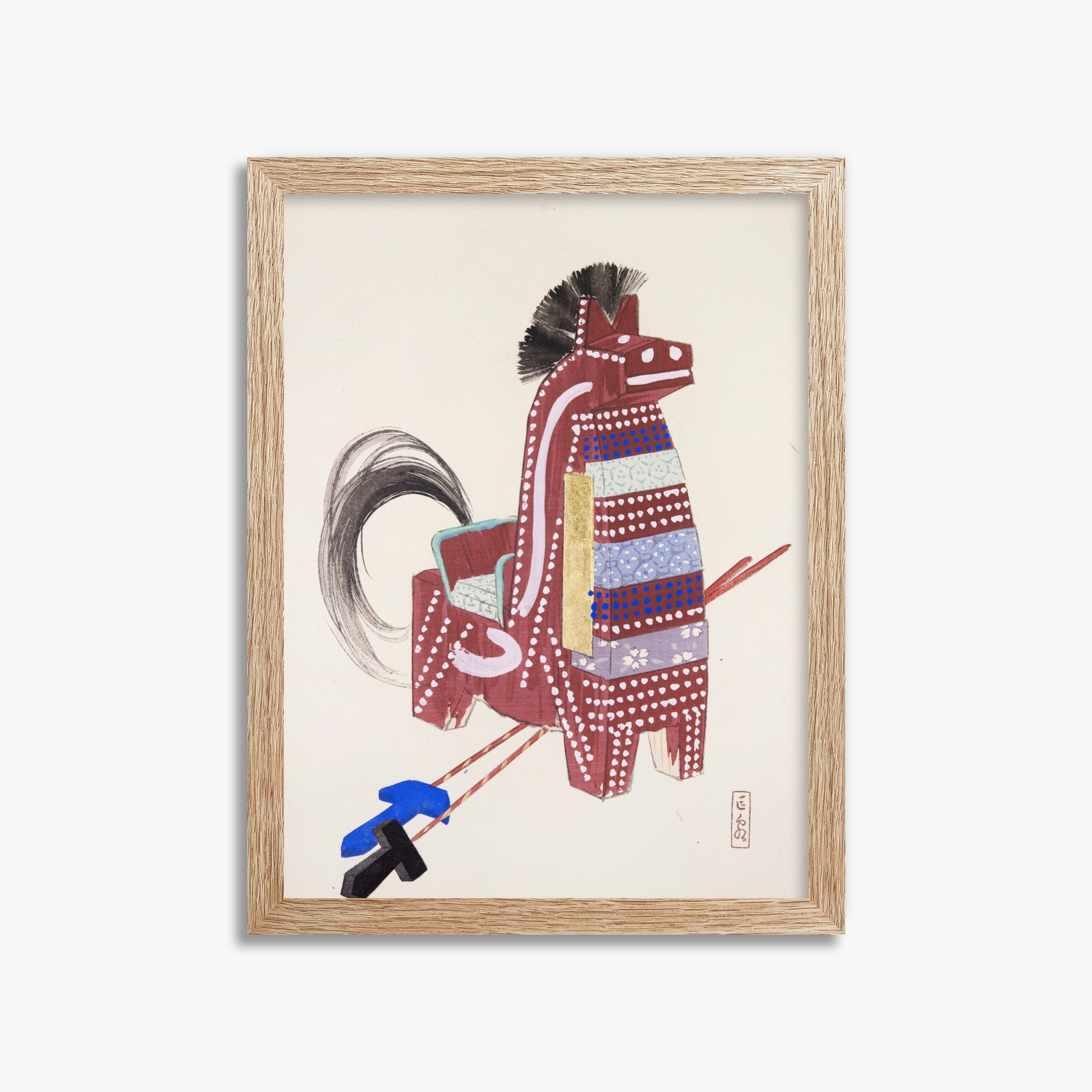 Kawasaki Kyosen: Kyosen’s Collected Illustrations of Japanese Toys Nr. 31 ("Ancestral Horse Spirit"), 30x40cm Framed Art Reproduction With Raw Oak Frame