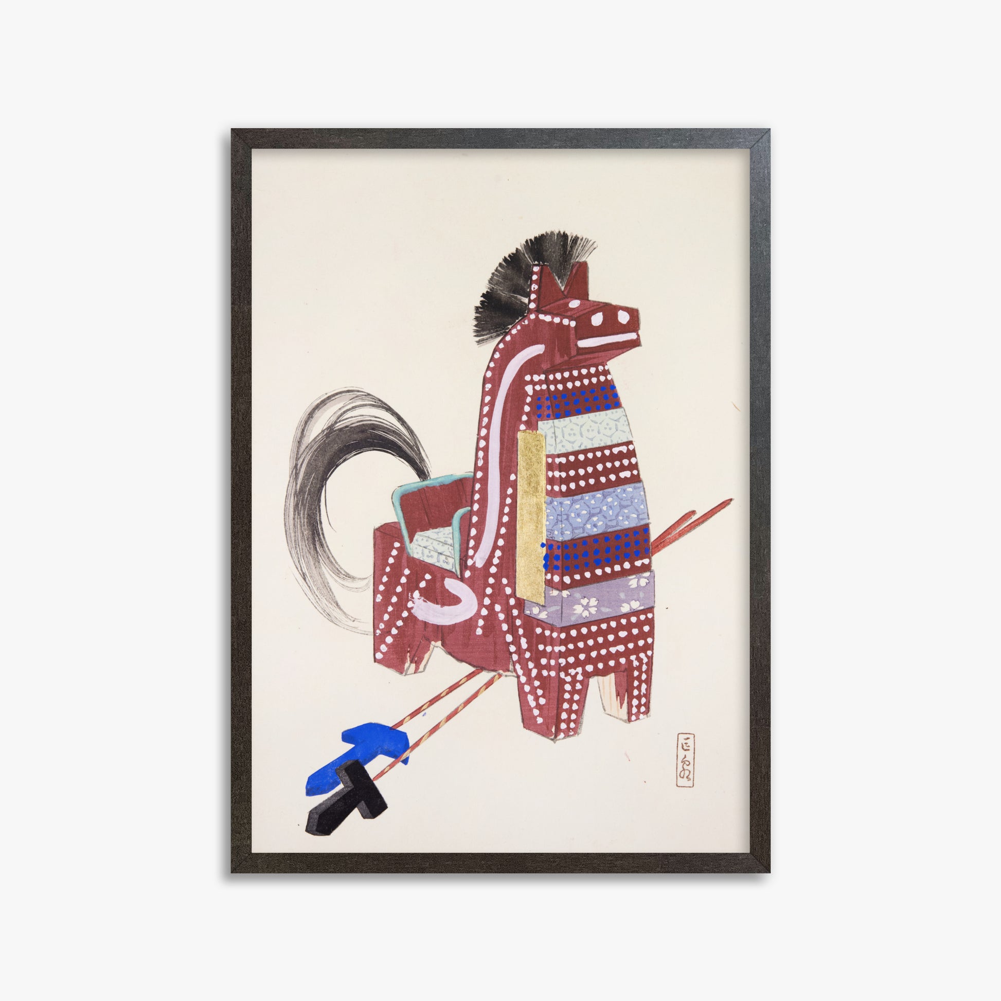 Kawasaki Kyosen: Kyosen’s Collected Illustrations of Japanese Toys Nr. 31 ("Ancestral Horse Spirit"), 50x70cm Framed Art Reproduction With Espresso Frame