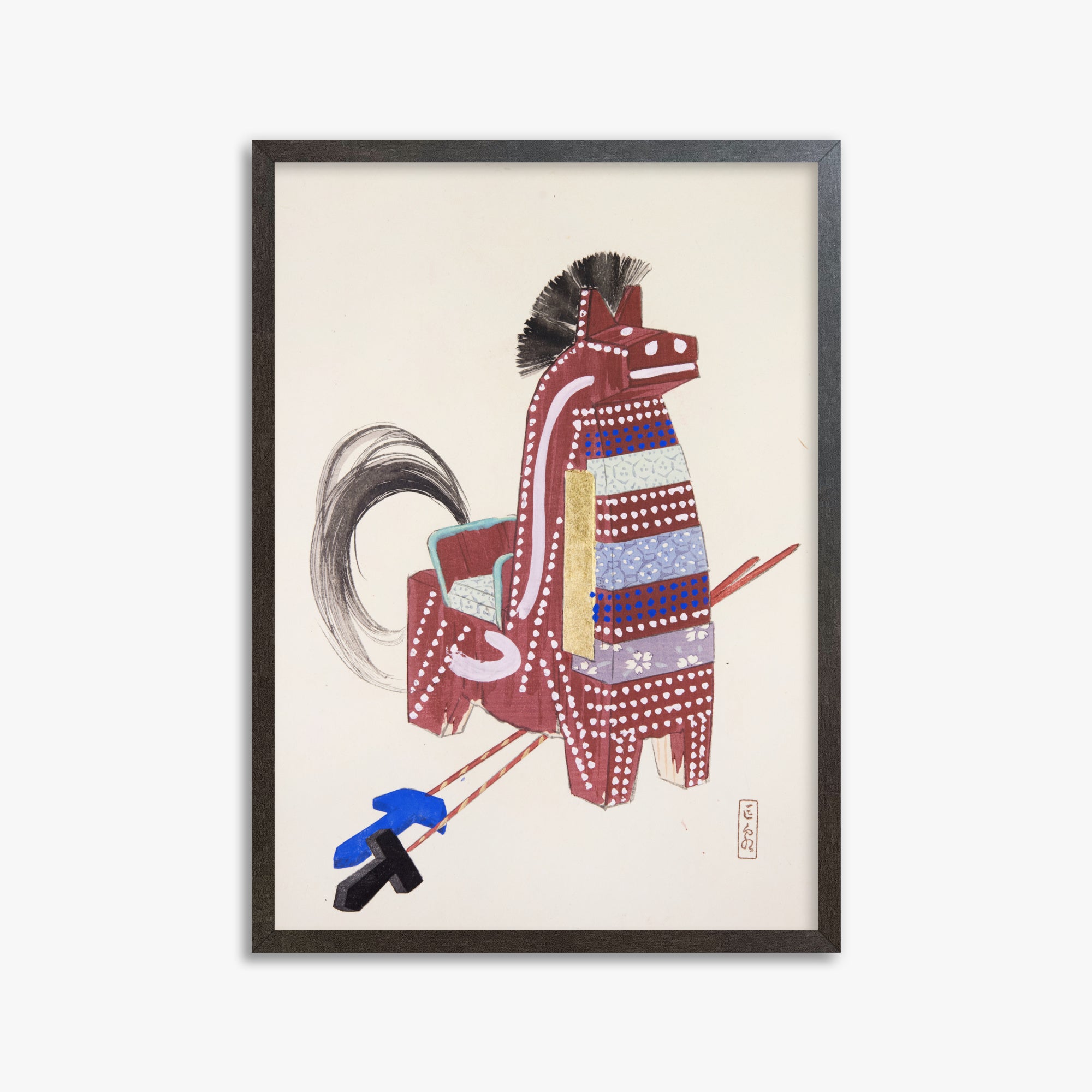 Kawasaki Kyosen: Kyosen’s Collected Illustrations of Japanese Toys Nr. 31 ("Ancestral Horse Spirit"), 50x70cm Framed Art Reproduction With Espresso Frame