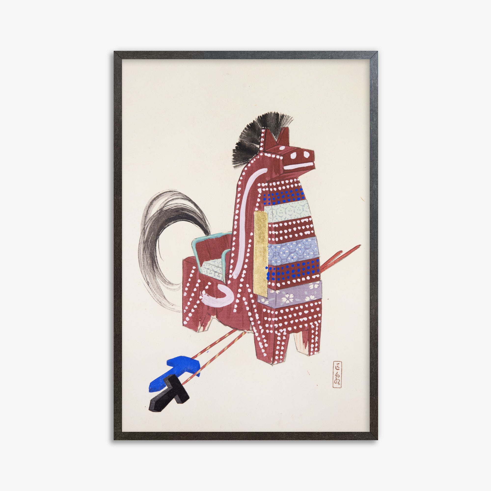 Kawasaki Kyosen: Kyosen’s Collected Illustrations of Japanese Toys Nr. 31 ("Ancestral Horse Spirit"), 61x91cm Framed Art Reproduction With Espresso Frame