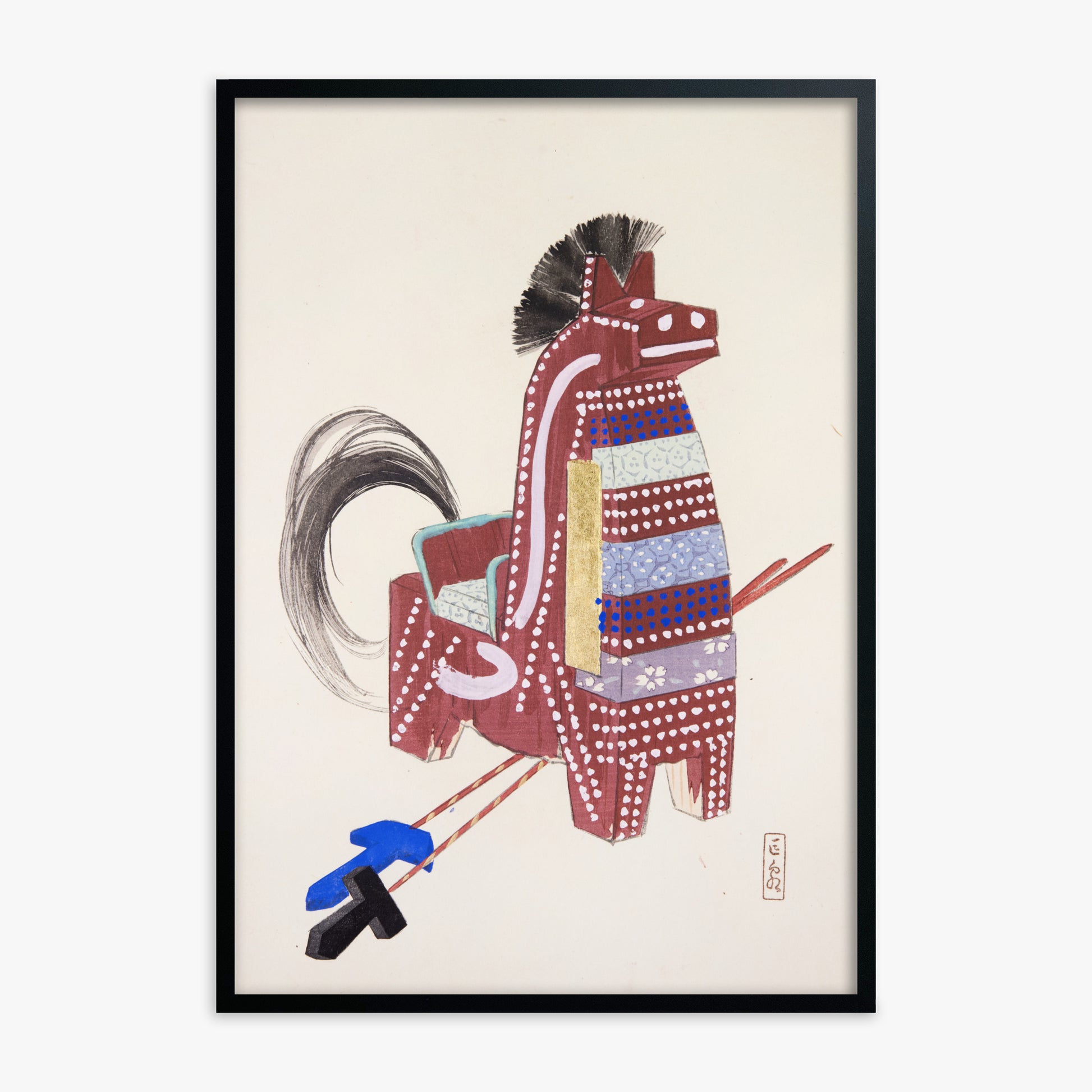 Kawasaki Kyosen: Kyosen’s Collected Illustrations of Japanese Toys Nr. 31 ("Ancestral Horse Spirit"), Black Framed Art Reproduction With Black Frame