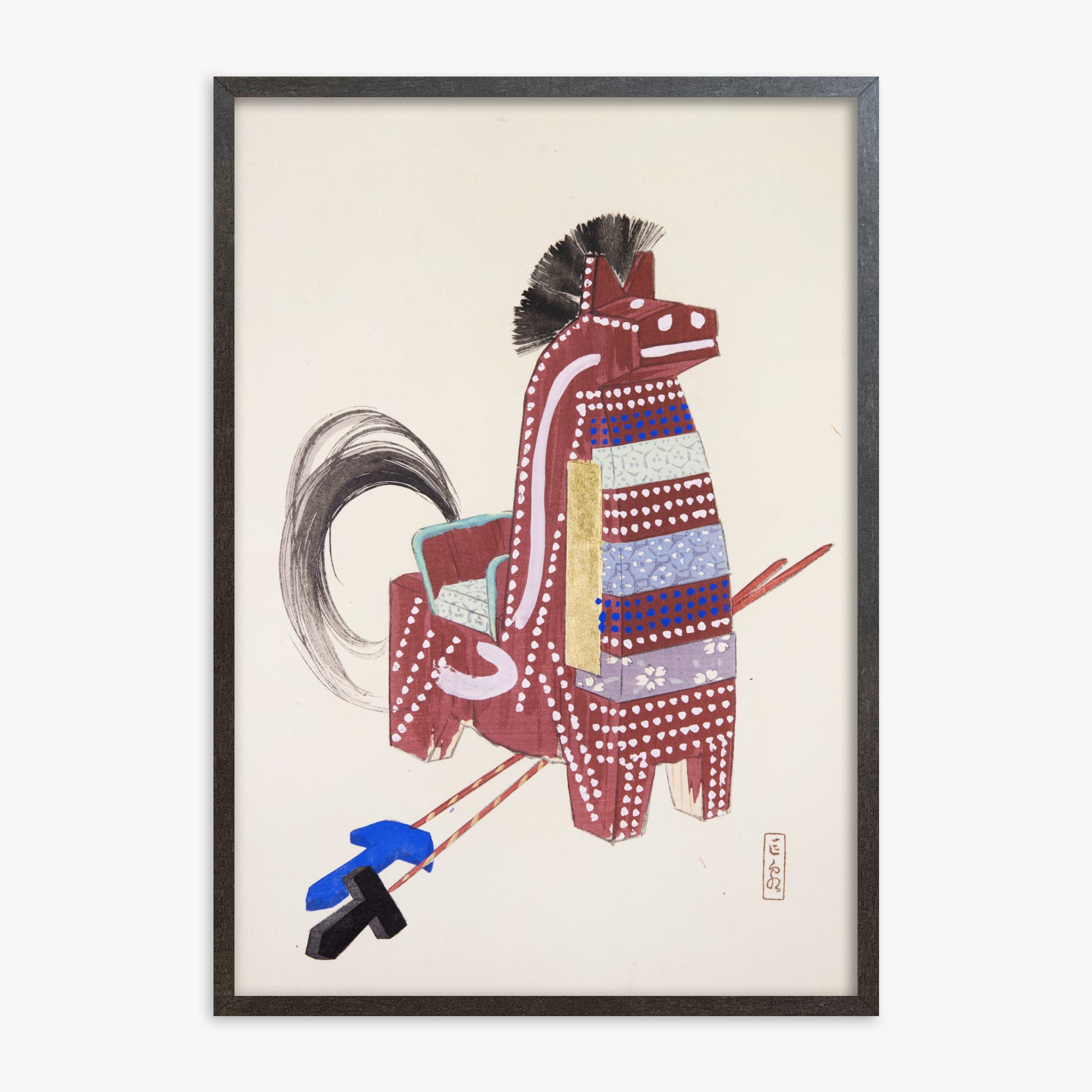 Kawasaki Kyosen: Kyosen’s Collected Illustrations of Japanese Toys Nr. 31 ("Ancestral Horse Spirit"), 70x100cm Framed Art Reproduction With Espresso Frame
