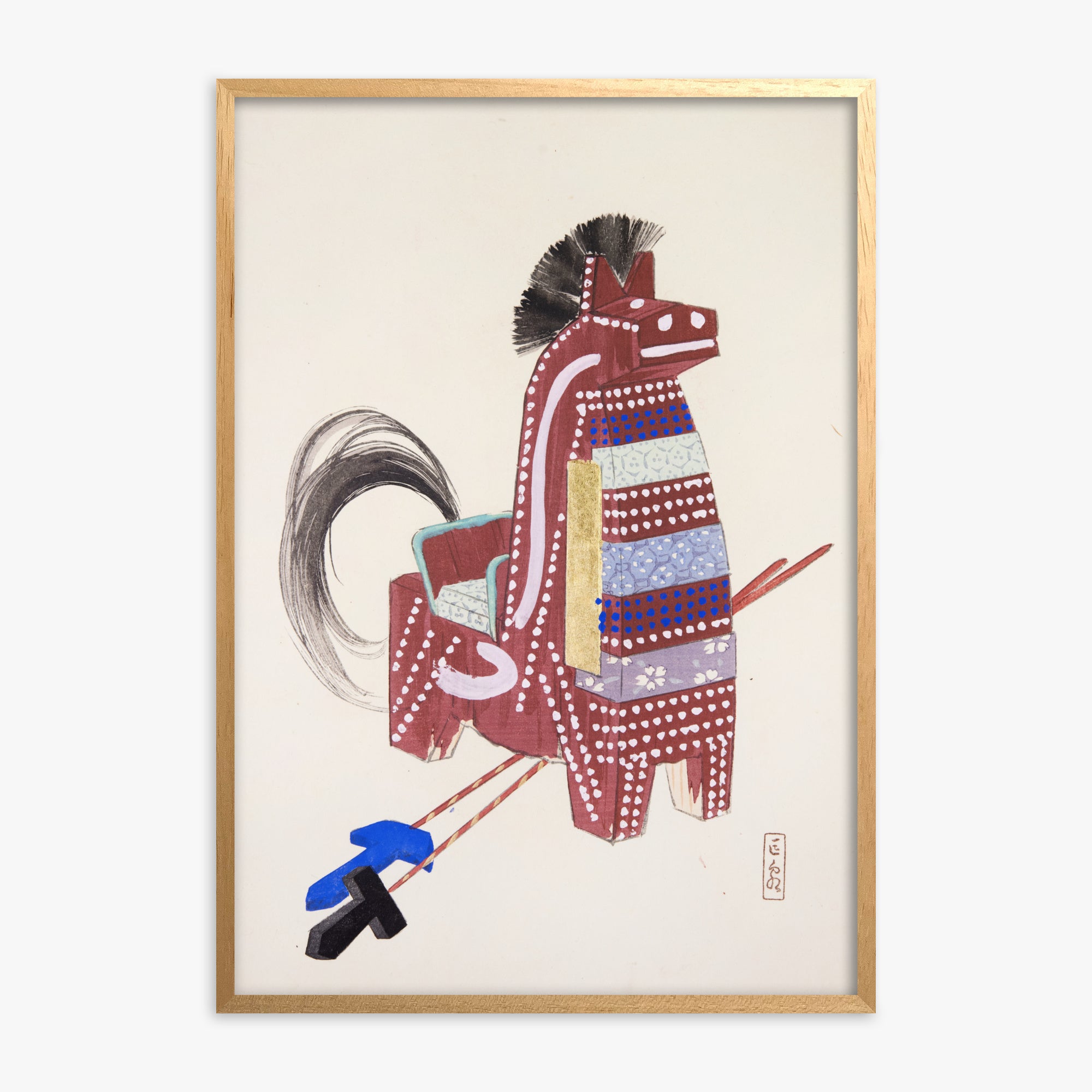 Kawasaki Kyosen: Kyosen’s Collected Illustrations of Japanese Toys Nr. 31 ("Ancestral Horse Spirit"), Oak Framed Art Reproduction With Oak Frame