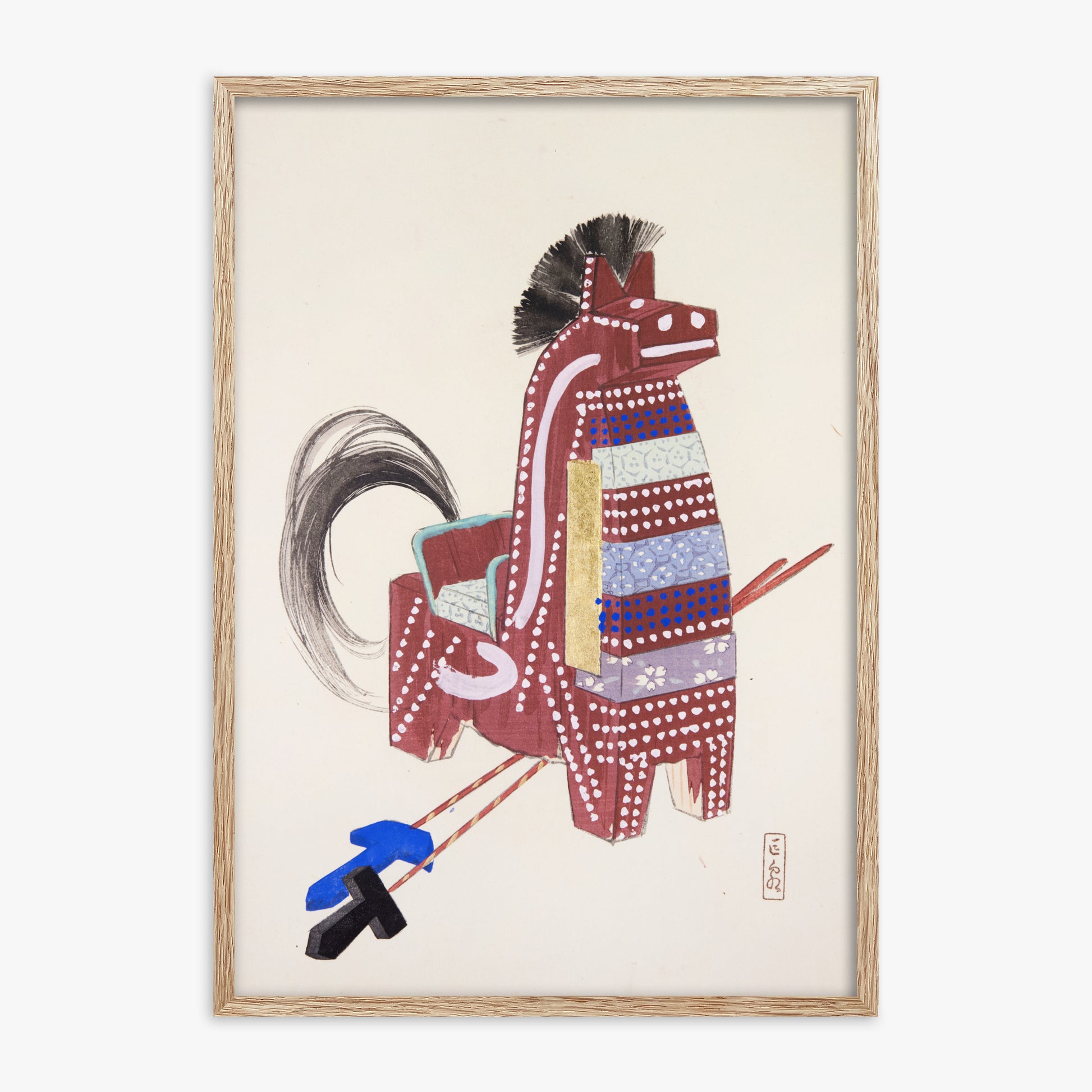 Kawasaki Kyosen: Kyosen’s Collected Illustrations of Japanese Toys Nr. 31 ("Ancestral Horse Spirit"), 70x100cm Framed Art Reproduction With Raw Oak Frame