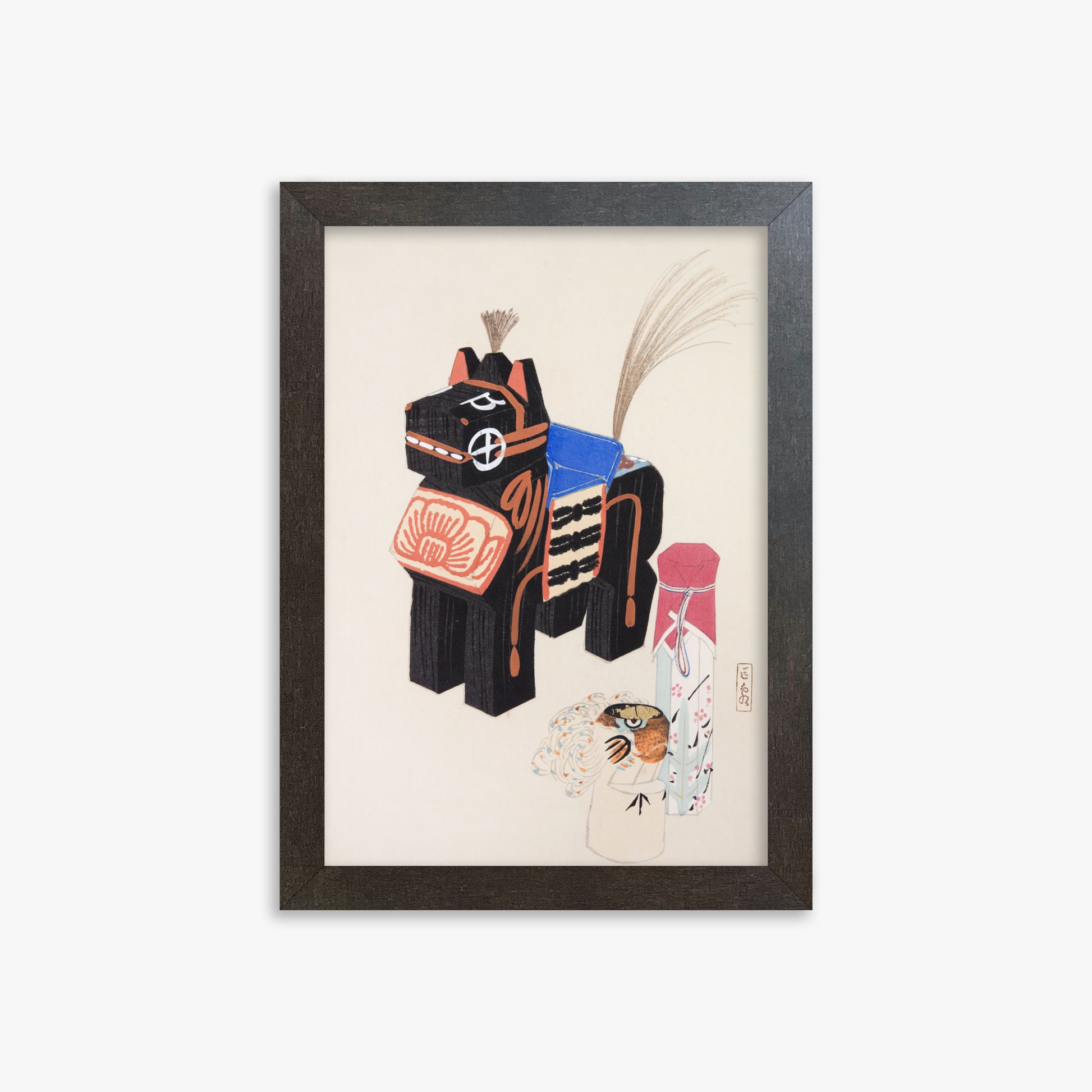 Kawasaki Kyosen: Kyosen’s Collected Illustrations of Japanese Toys Nr. 32 ("Folklore Horse Guardian"), 21x30cm Framed Art Reproduction With Espresso Frame