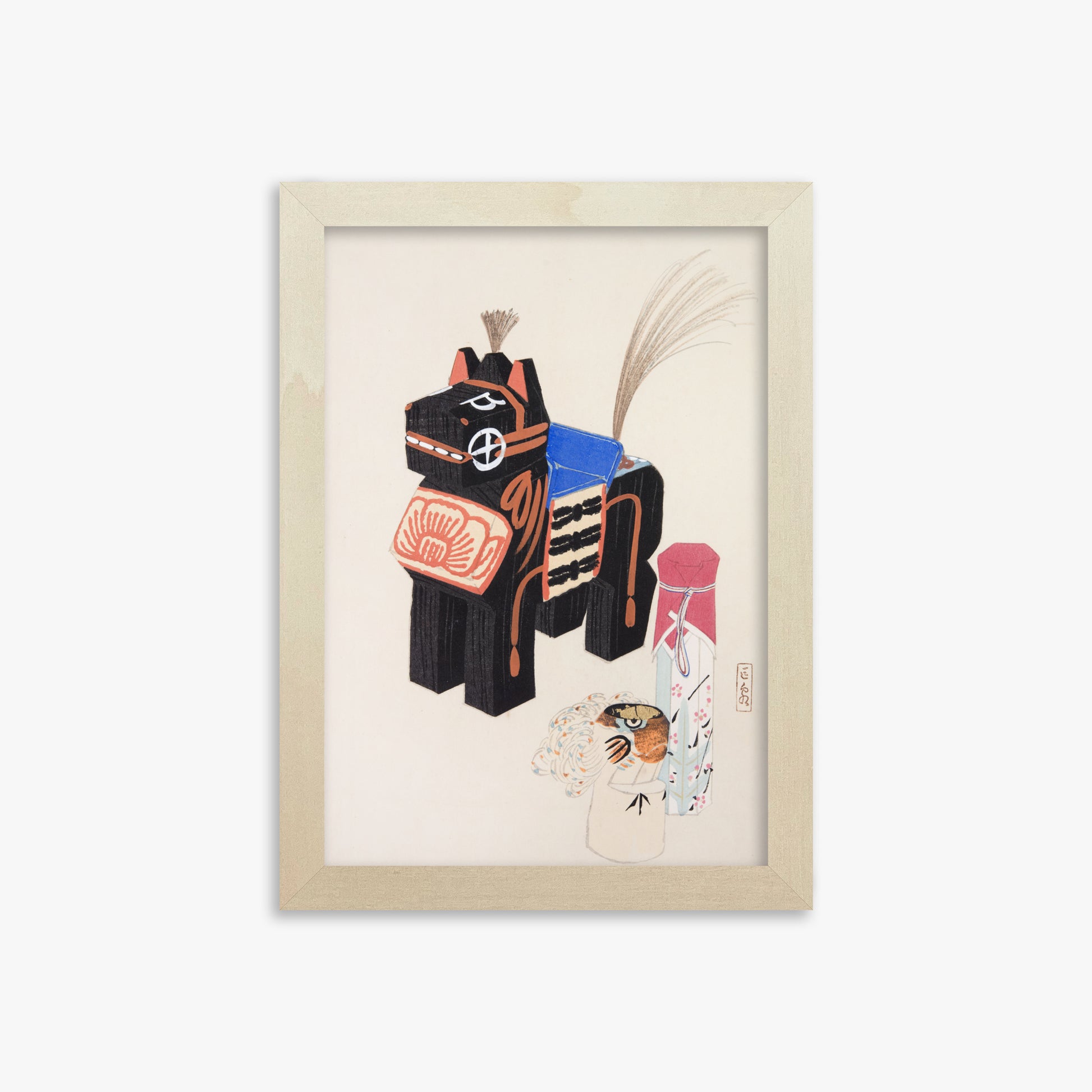 Kawasaki Kyosen: Kyosen’s Collected Illustrations of Japanese Toys Nr. 32 ("Folklore Horse Guardian"), 21x30cm Framed Art Reproduction With Lime Wood Frame