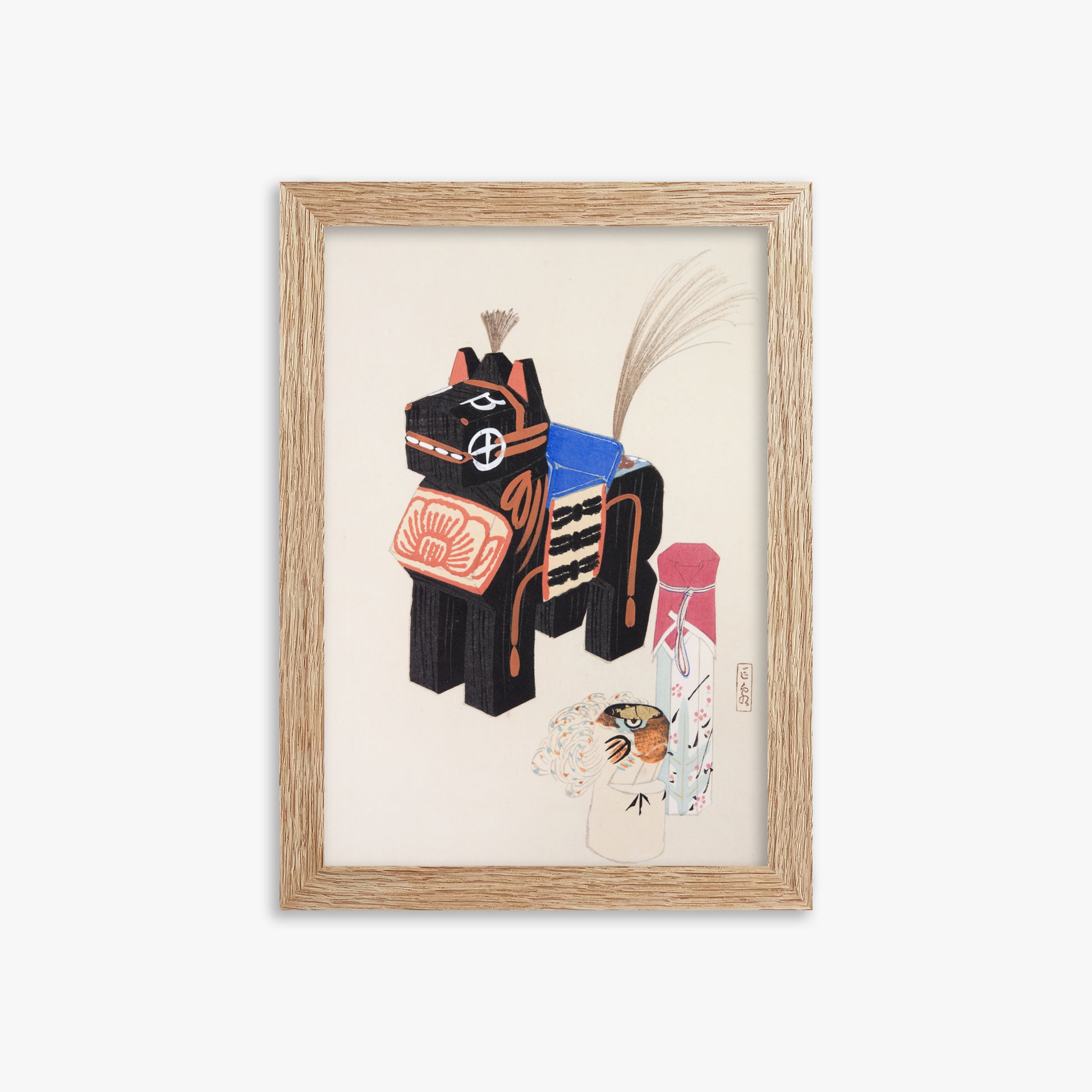 Kawasaki Kyosen: Kyosen’s Collected Illustrations of Japanese Toys Nr. 32 ("Folklore Horse Guardian"), 21x30cm Framed Art Reproduction With Raw Oak Frame