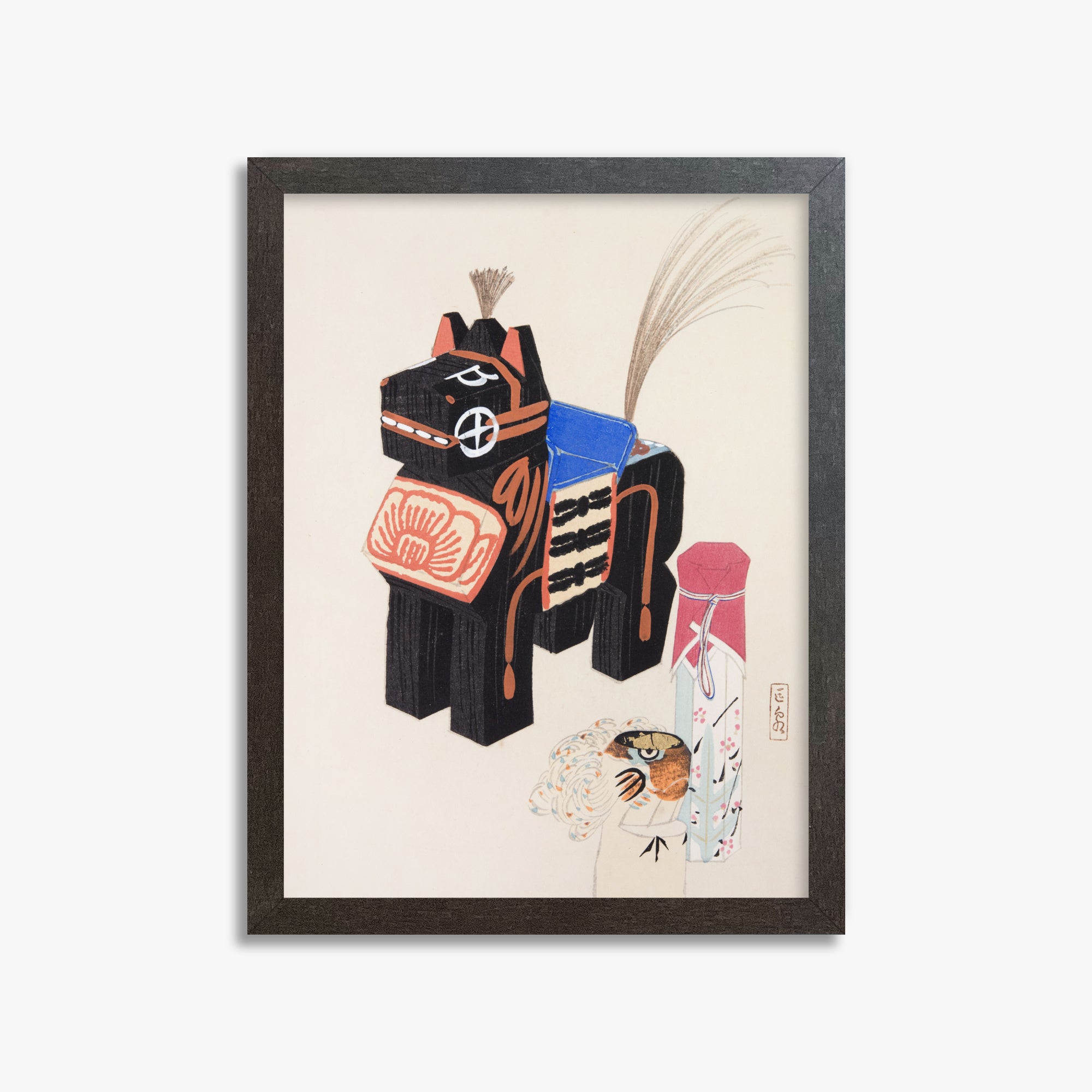 Kawasaki Kyosen: Kyosen’s Collected Illustrations of Japanese Toys Nr. 32 ("Folklore Horse Guardian"), 30x40cm Framed Art Reproduction With Espresso Frame