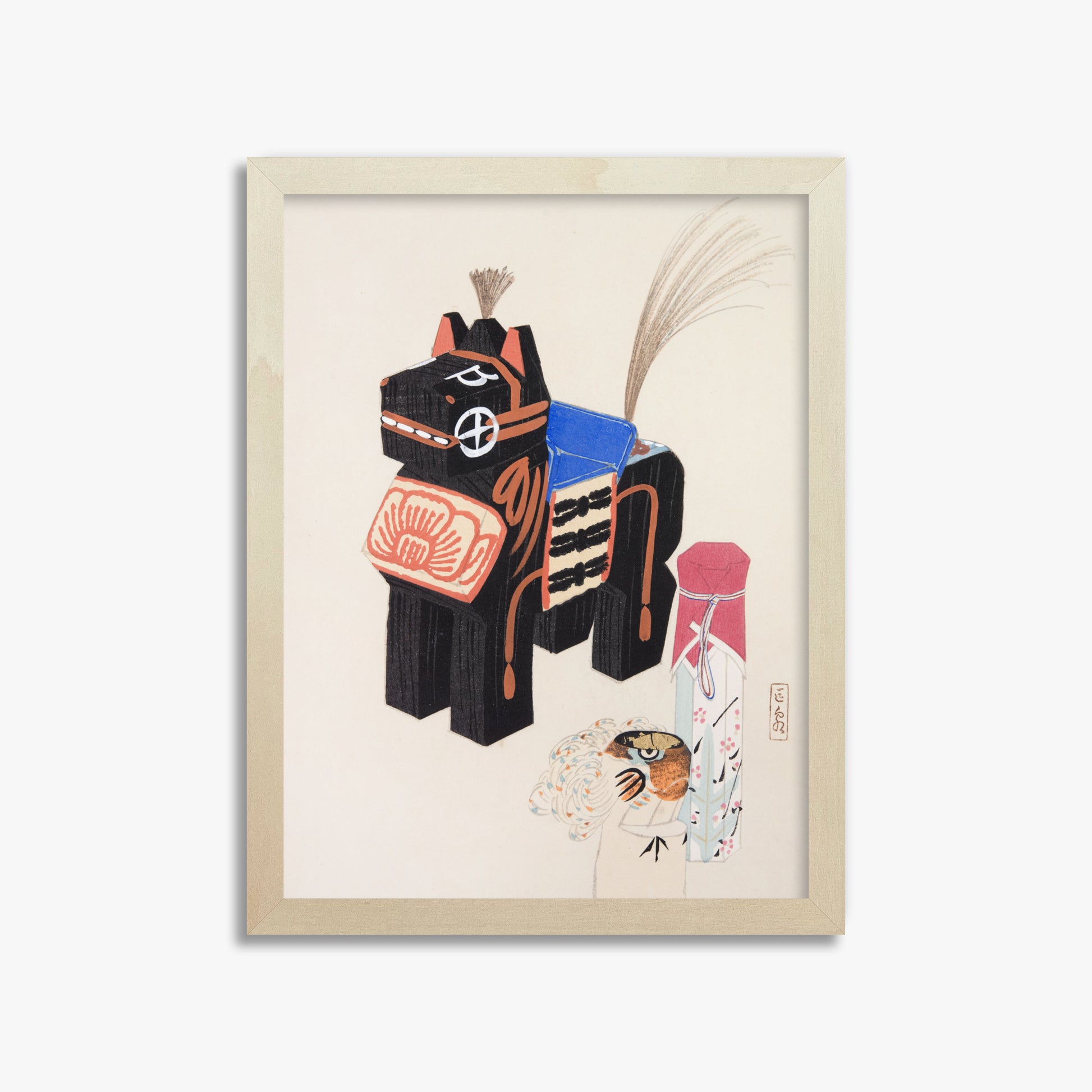 Kawasaki Kyosen: Kyosen’s Collected Illustrations of Japanese Toys Nr. 32 ("Folklore Horse Guardian"), 30x40cm Framed Art Reproduction With Lime Wood Frame