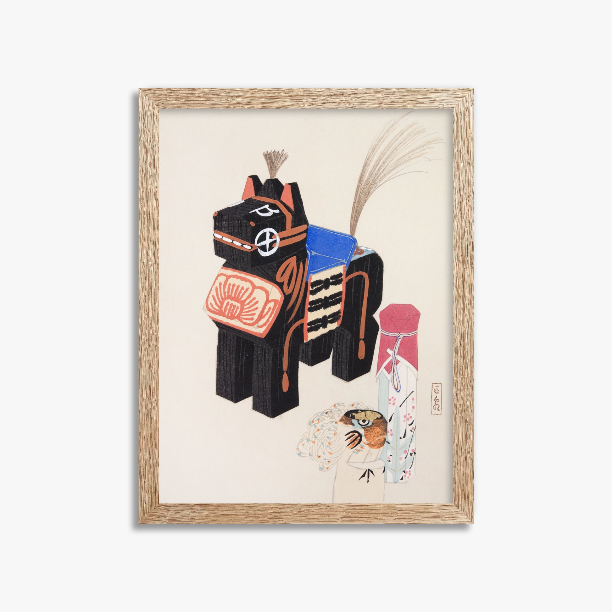 Kawasaki Kyosen: Kyosen’s Collected Illustrations of Japanese Toys Nr. 32 ("Folklore Horse Guardian"), 30x40cm Framed Art Reproduction With Raw Oak Frame