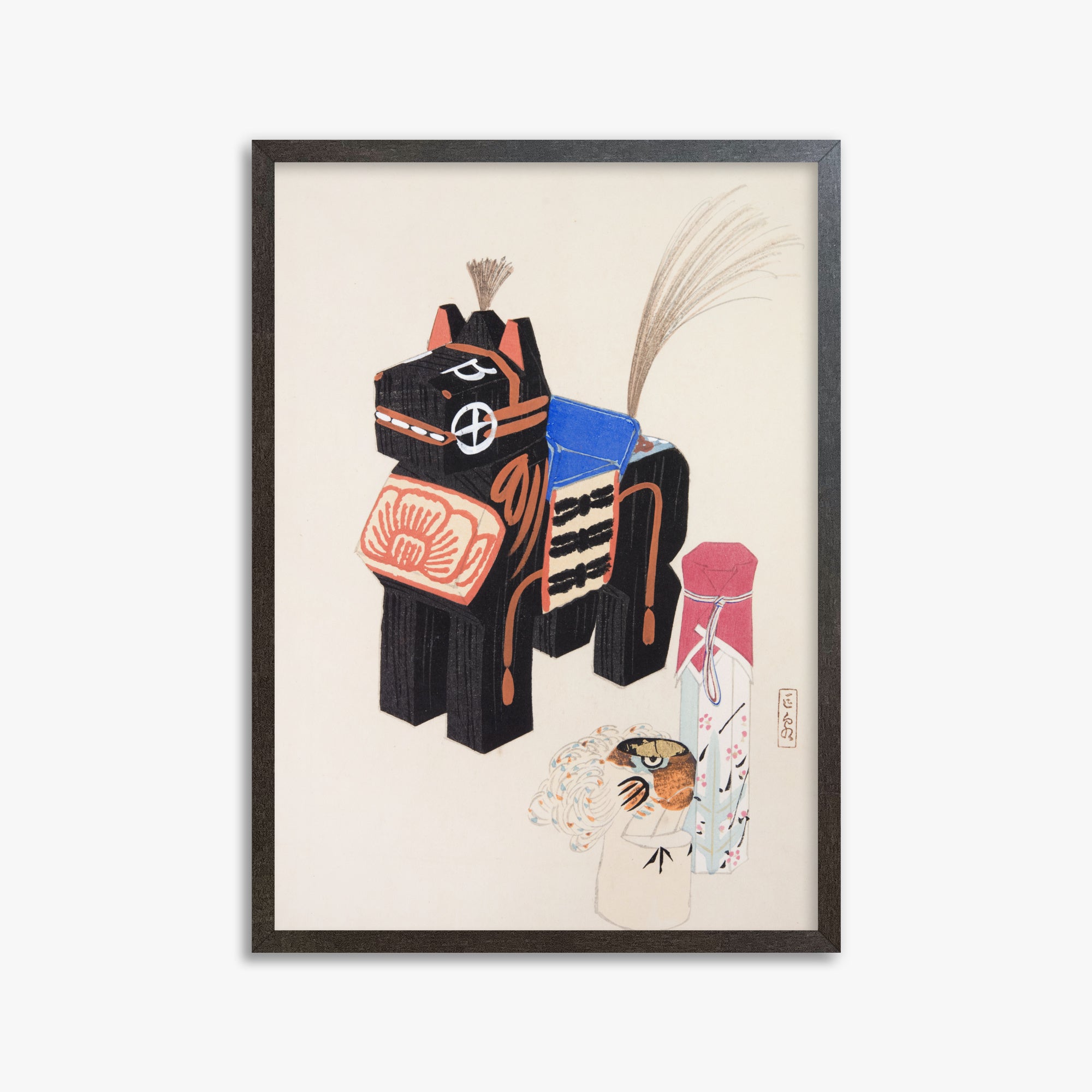 Kawasaki Kyosen: Kyosen’s Collected Illustrations of Japanese Toys Nr. 32 ("Folklore Horse Guardian"), 50x70cm Framed Art Reproduction With Espresso Frame