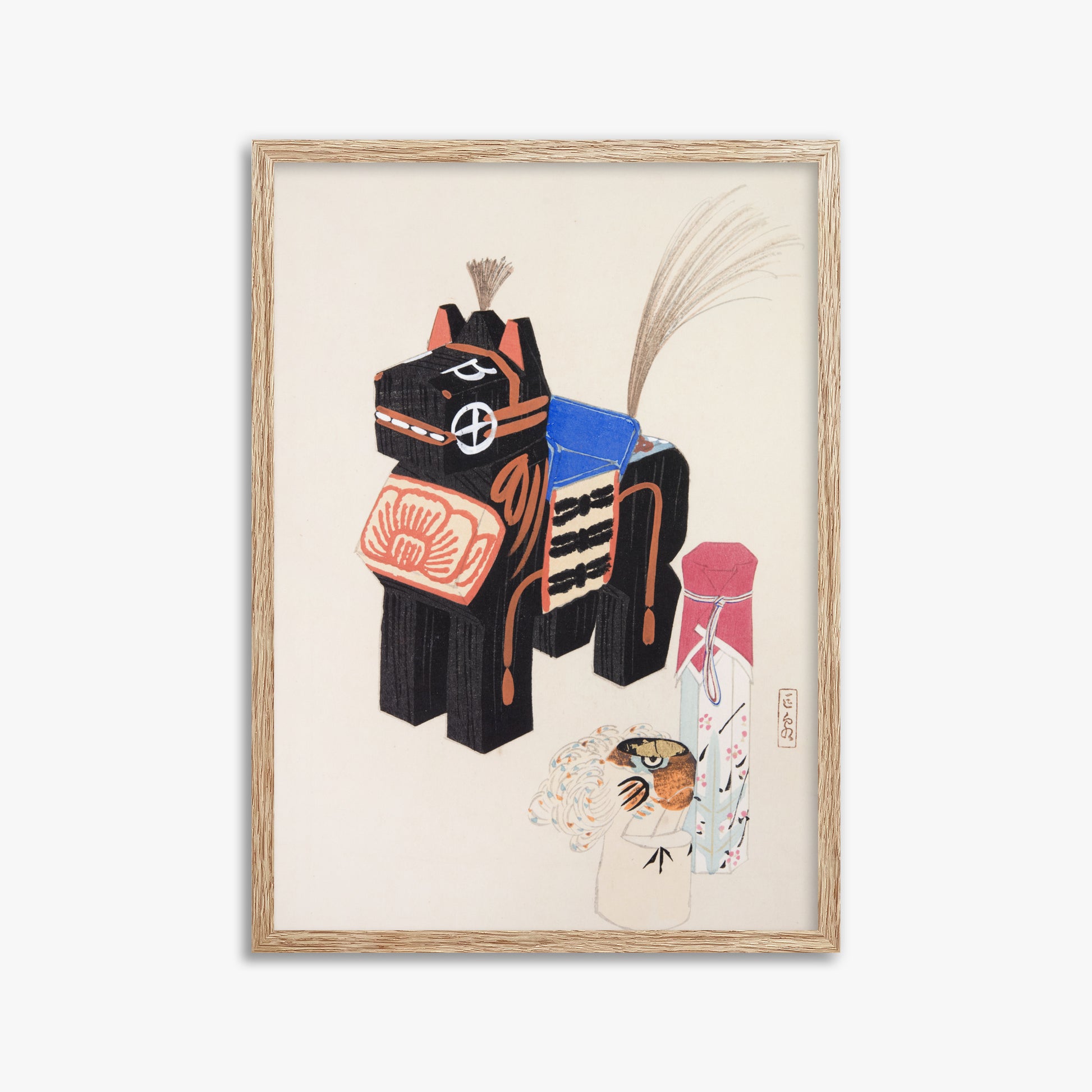 Kawasaki Kyosen: Kyosen’s Collected Illustrations of Japanese Toys Nr. 32 ("Folklore Horse Guardian"), 50x70cm Framed Art Reproduction With Raw Oak Frame