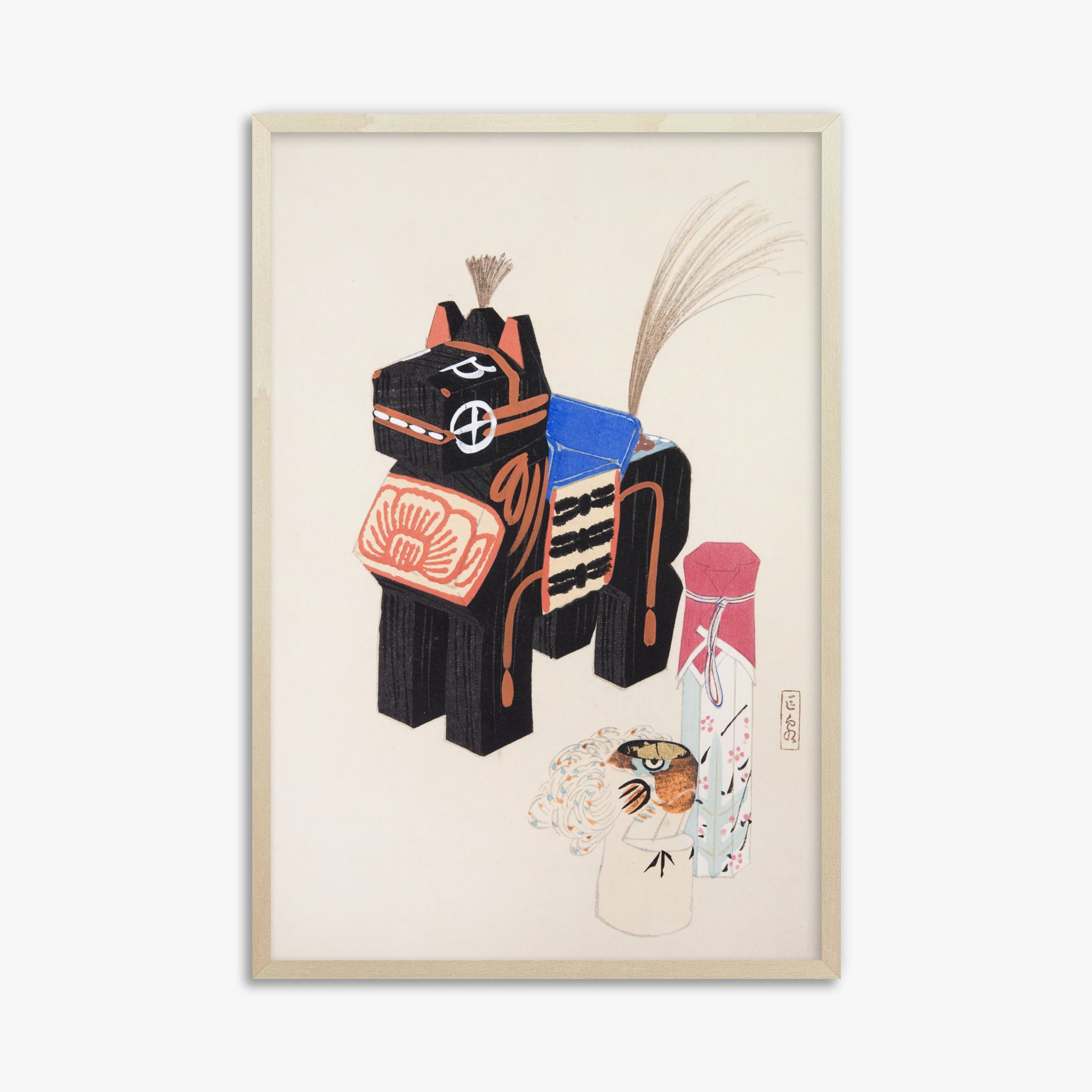 Kawasaki Kyosen: Kyosen’s Collected Illustrations of Japanese Toys Nr. 32 ("Folklore Horse Guardian"), 61x91cm Framed Art Reproduction With Lime Wood Frame