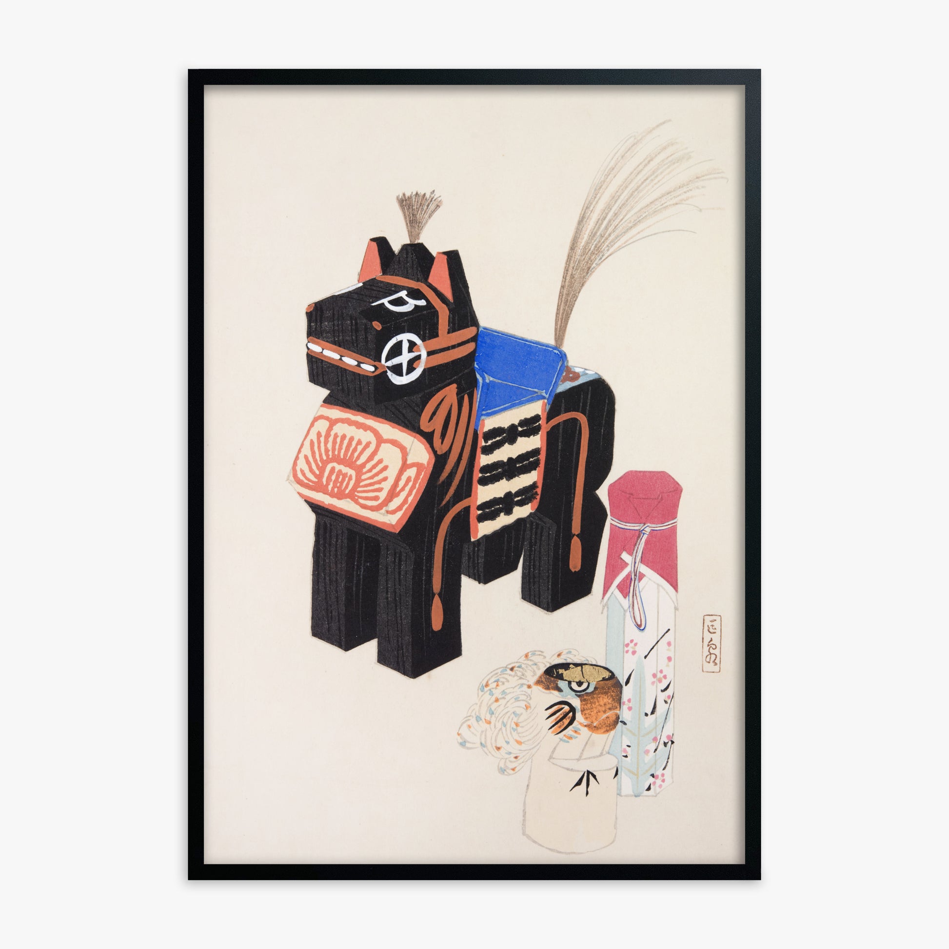 Kawasaki Kyosen: Kyosen’s Collected Illustrations of Japanese Toys Nr. 32 ("Folklore Horse Guardian"), Black Framed Art Reproduction With Black Frame