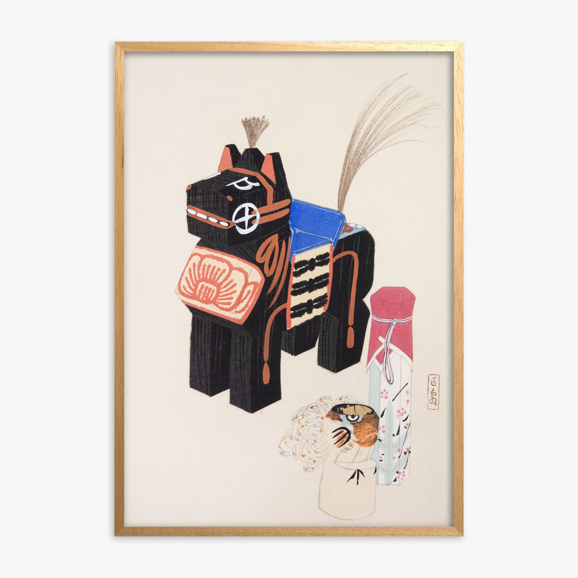 Kawasaki Kyosen: Kyosen’s Collected Illustrations of Japanese Toys Nr. 32 ("Folklore Horse Guardian"), Oak Framed Art Reproduction With Oak Frame