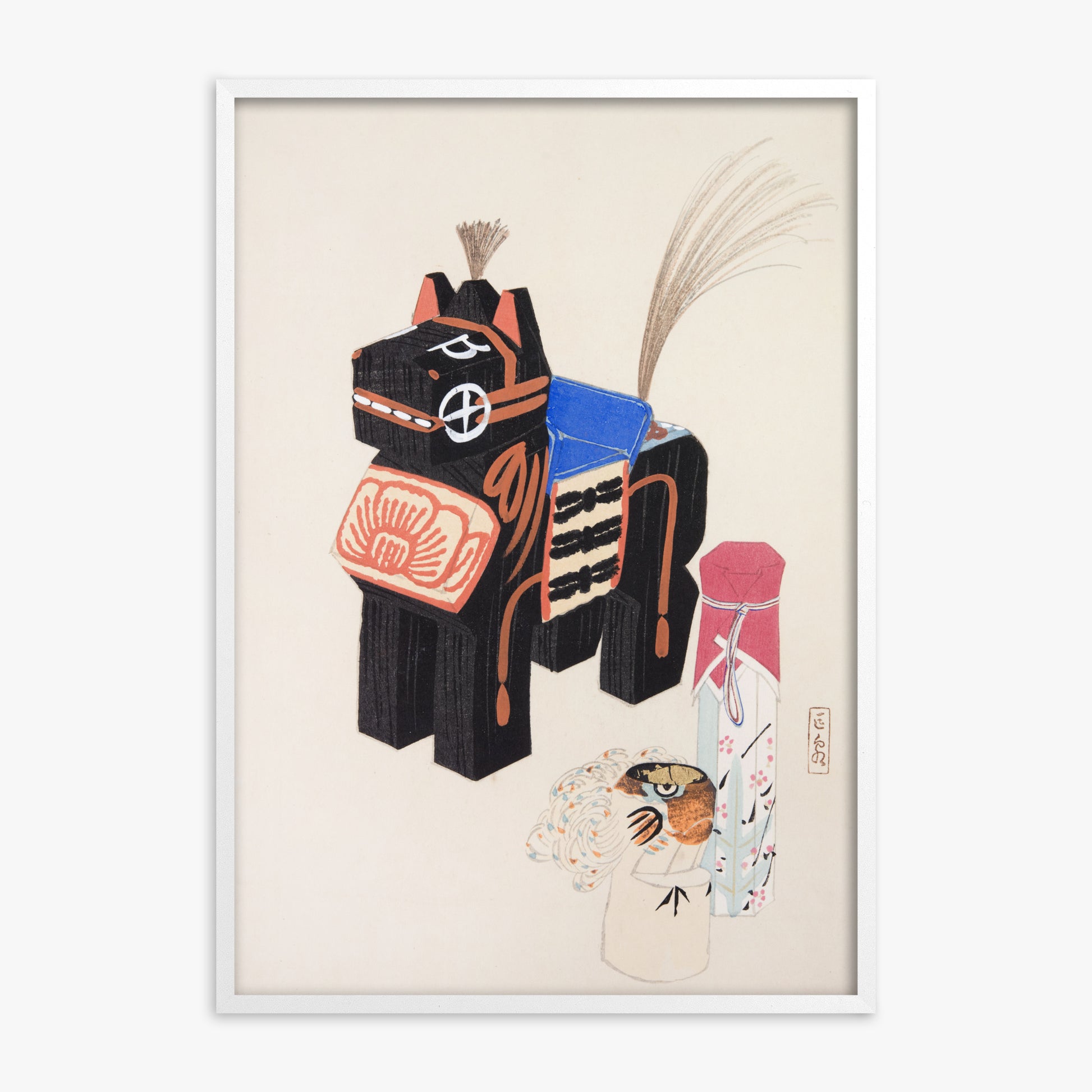 Kawasaki Kyosen: Kyosen’s Collected Illustrations of Japanese Toys Nr. 32 ("Folklore Horse Guardian"), White Framed Art Reproduction With White Frame