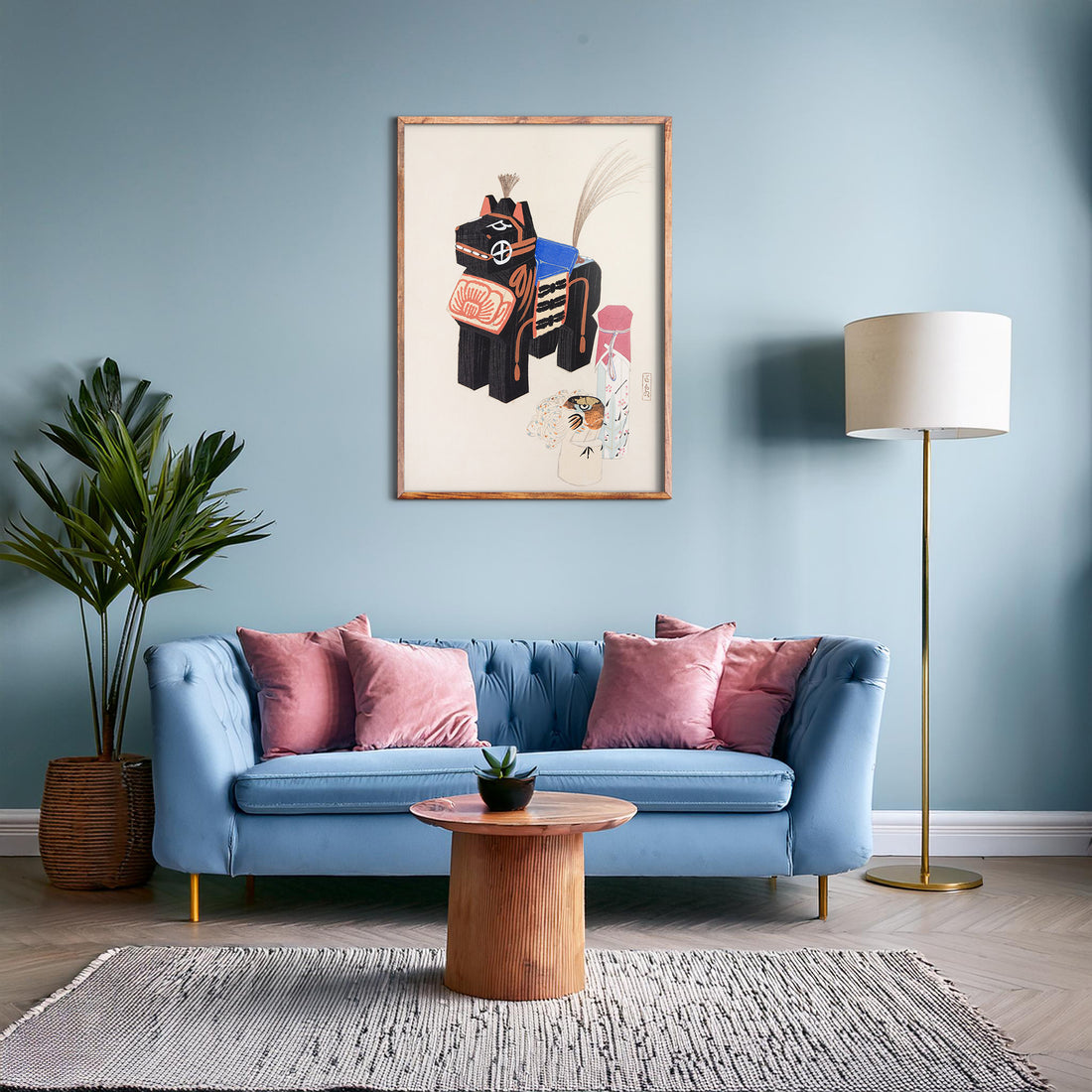 Kawasaki Kyosen: Kyosen’s Collected Illustrations of Japanese Toys Nr. 32 ("Folklore Horse Guardian"), 50x70cm Framed Art Reproduction With Black Frame