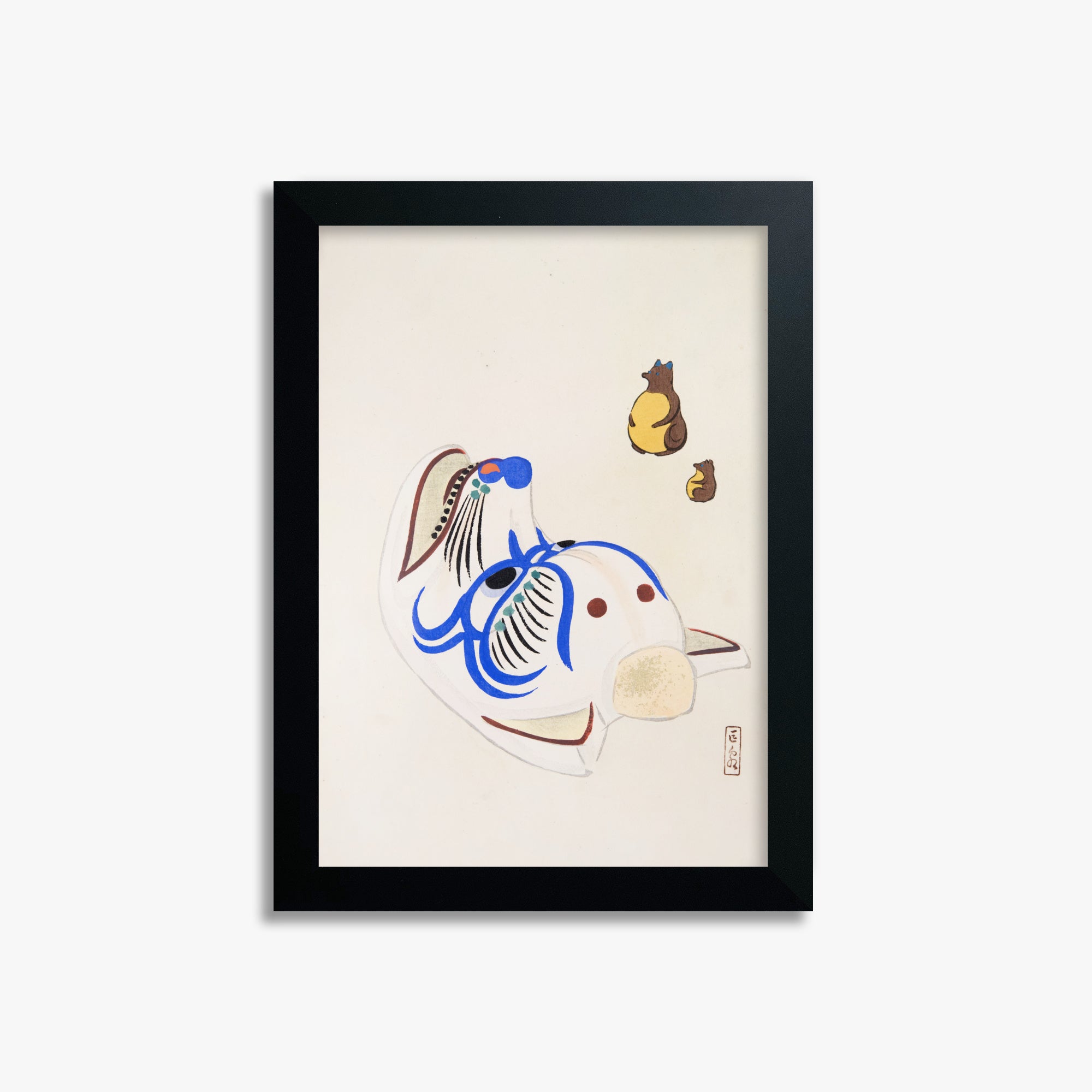 Kawasaki Kyosen: Kyosen’s Collected Illustrations of Japanese Toys Nr. 33 ("Masquerade & Cubs"), 21x30cm Framed Art Reproduction With Black Frame