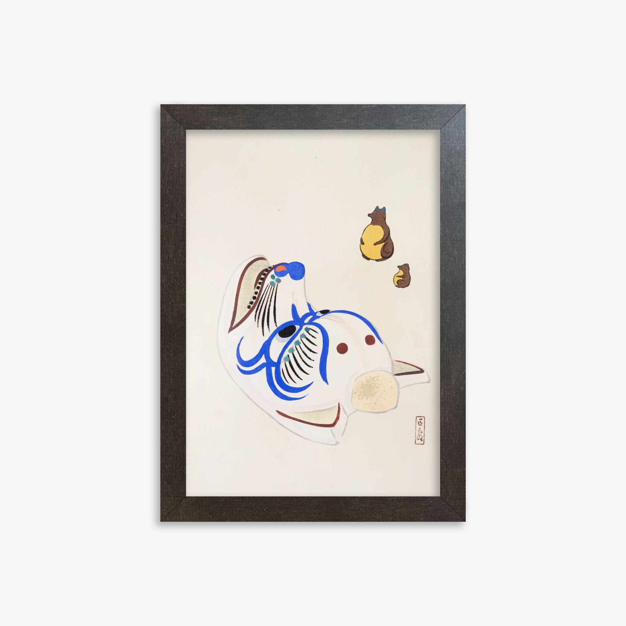 Kawasaki Kyosen: Kyosen’s Collected Illustrations of Japanese Toys Nr. 33 ("Masquerade & Cubs"), 21x30cm Framed Art Reproduction With Espresso Frame